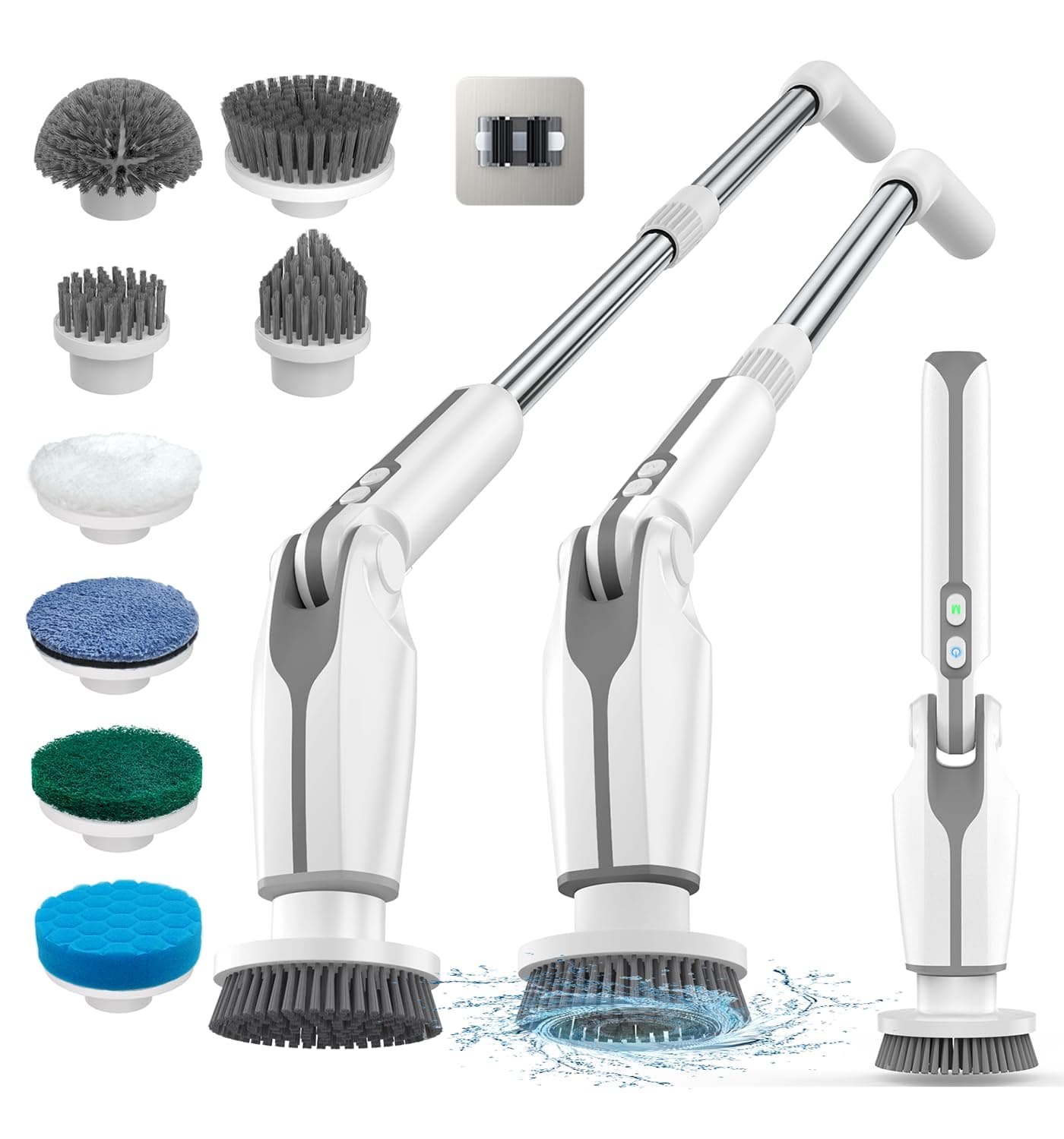 Electric Spin Scrubber, 2024 New Electric Scrubber with 4 Adjustable Angles and 8 Brush Heads, Shower Scrubber with Long Handle & Remote Control, Cleaning Brush for Bathroom, Tub, Floor(White)