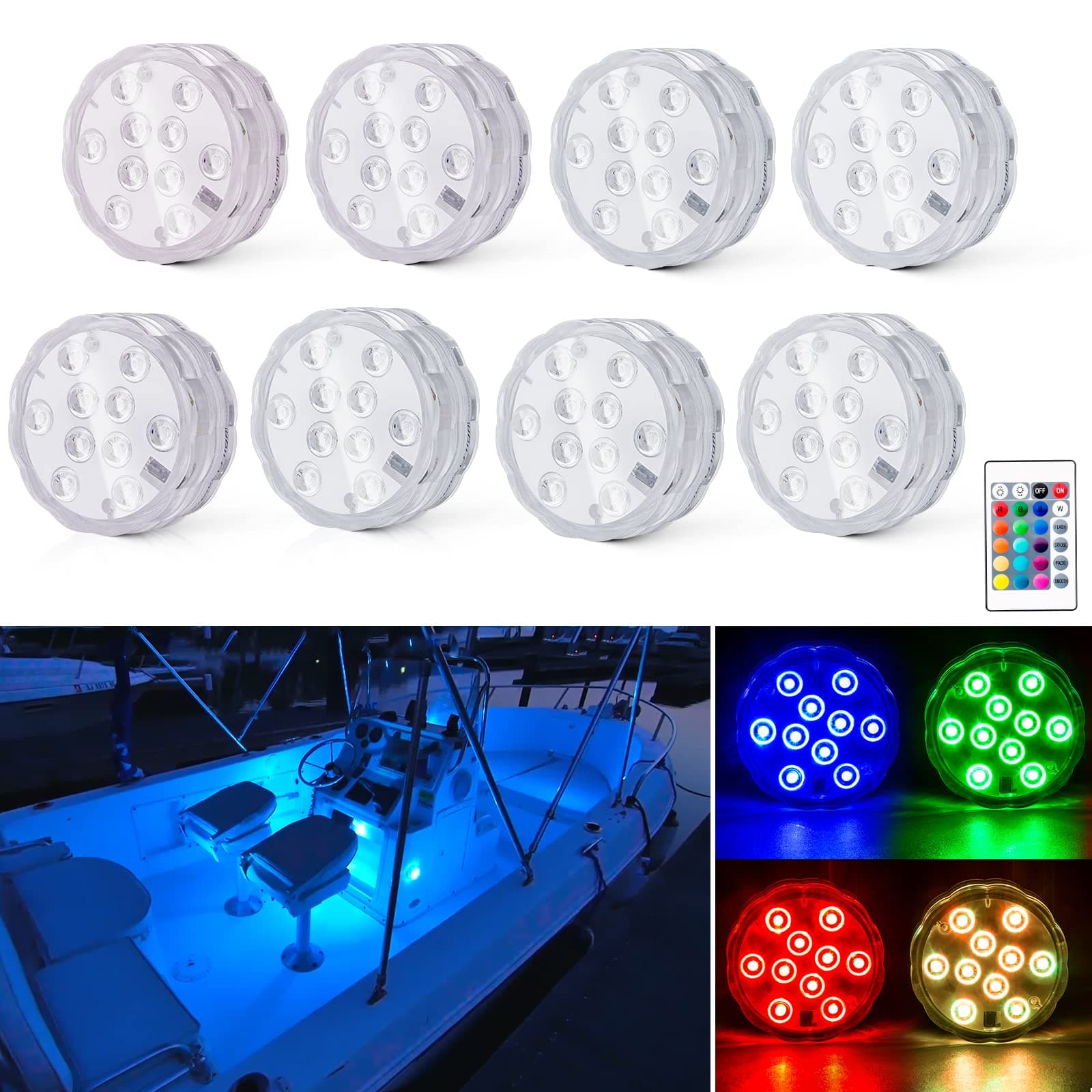 Shangyuan Boat Lights Wireless, Battery Powered Operated Marine Led Interior Light for Boat Deck Courtesy Light, for Fishing Pontoon Sailboat Kayak, Remote Control Multi Color Changing, RGB, 8PCS