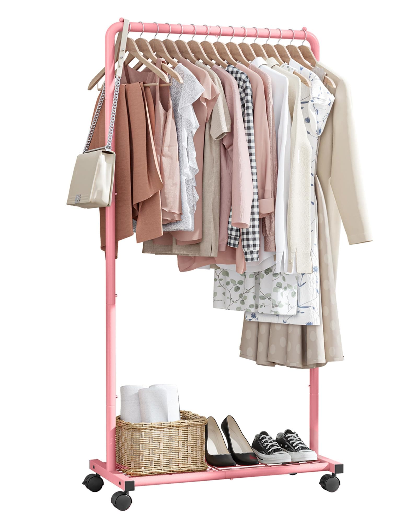 Sakugi Clothes Rack - Clothing Rack with Storage Mesh Shelf & Casters, Heavy-Duty Metal Clothing Rack for Hanging Clothes, Dresses, Coats, Large Load Capacity, Easy Assembly, Pink, 28.0"x16.9"x59.0"