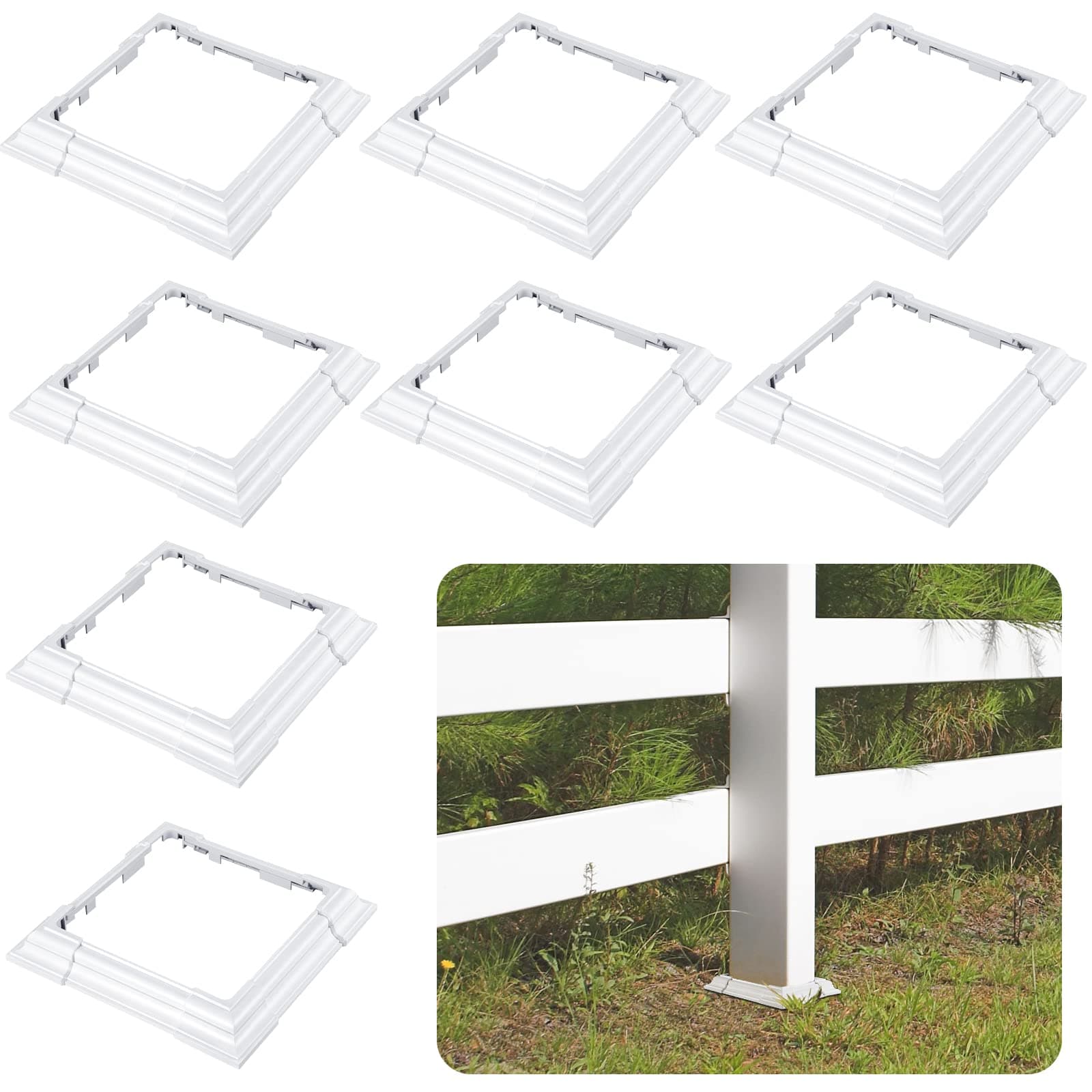 6 x 6 Inches Vinyl Post Sleeve Adjustable Vinyl Post Skirt White Base Porch Column Wraps for 3 to 6.5 Inch Wood Stair Rails(White,8 Pack)