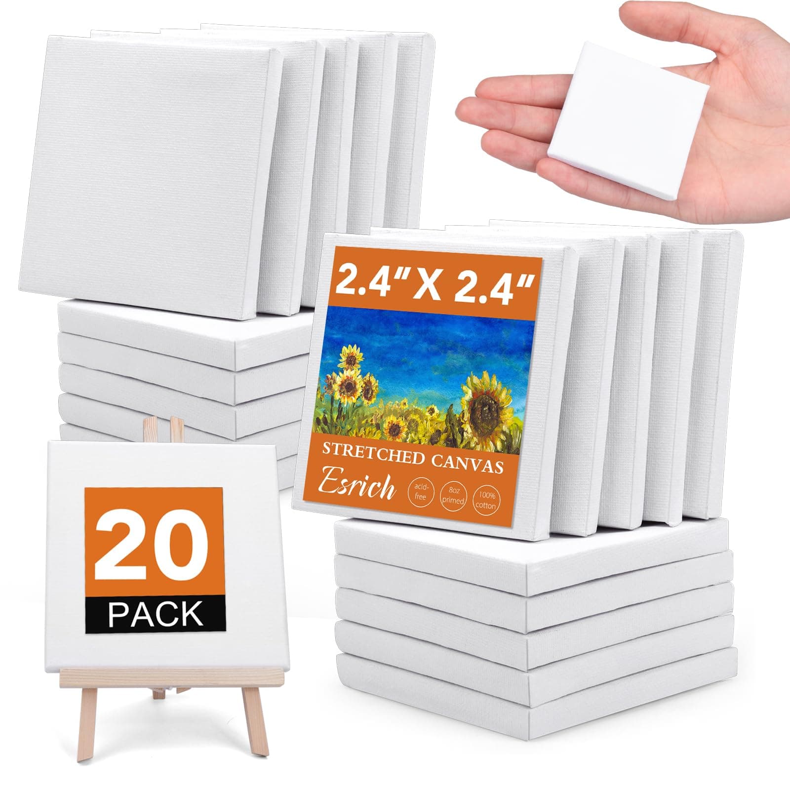 ESRICH Mini Stretched Canvas 20Pack 2.4x2.4inch, 2/5''Profile Art Primed Canvases for Painting, Cotton Small Professional Stretched Canvas for Kids and Art Supplies.
