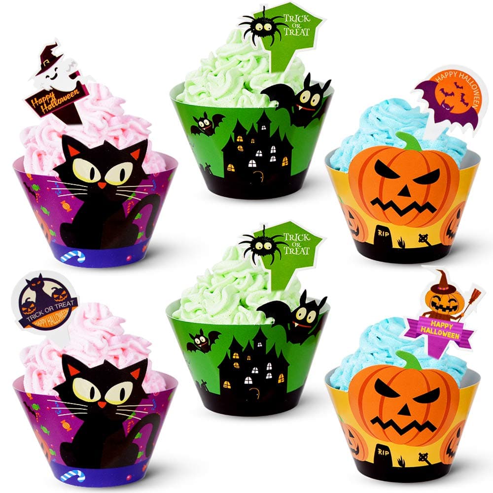 90pack Halloween Cupcake Decorations 45 Cupcake Wrapper 45 Cupcake Toppers Liner Muffin Cases Pumpkin Spider Ghost Halloween Party Supplies Party Favors Baby Shower Party Birthday Decoration CooFood