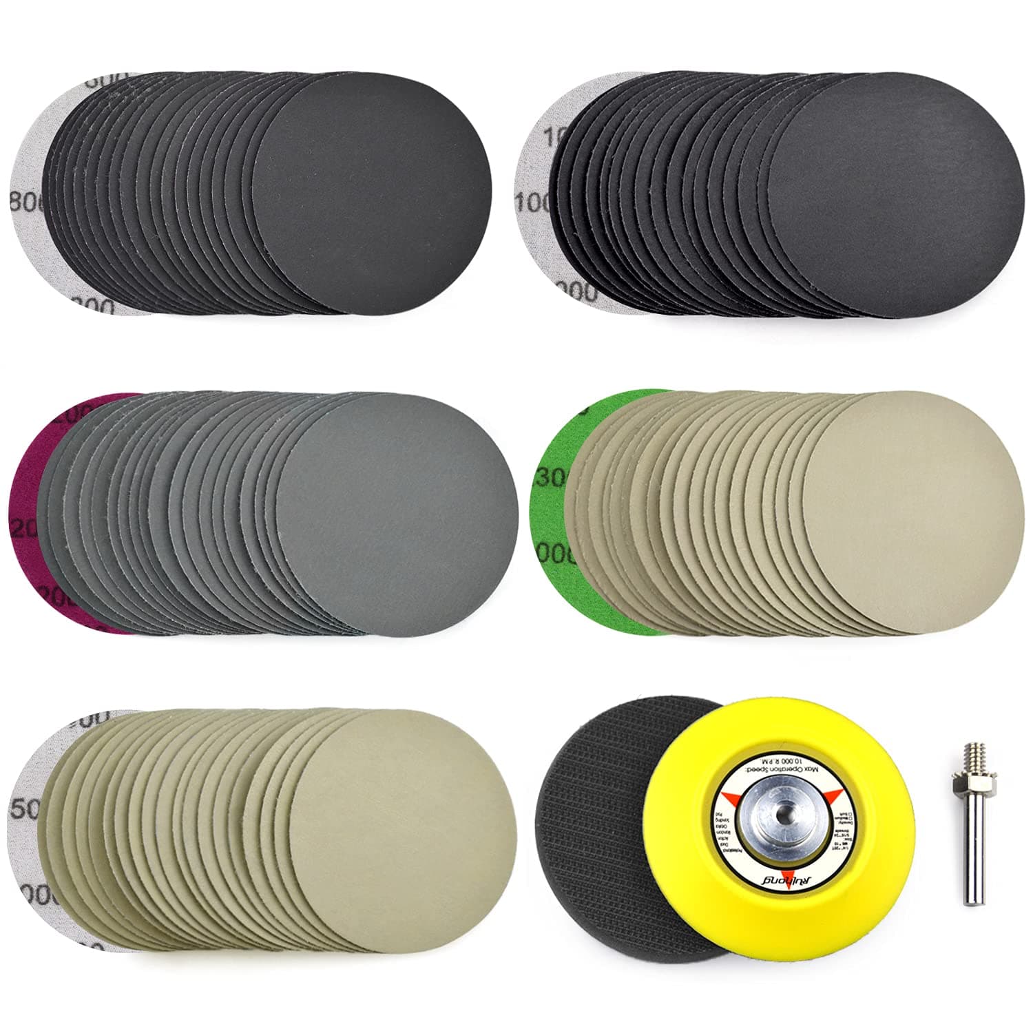3 Inch (75mm) Assorted 800/1000/2000/3000/5000 Grit High Performance Heavy Duty Silicon Carbide Wet/Dry Hook & Loop Sanding Discs with 1/4 inch Shank Sanding Pad + Soft Foam Buffering Pad, 100PCS