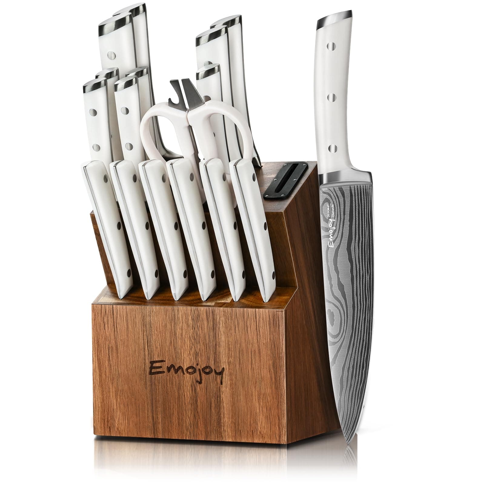 Knife Set,Emojoy 18 Pcs Kitchen Knife Set with Wooden Block, Luxurious Knife Block Set High Carbon German Stainless Steel Knives Set for Kitchen with Sharpener