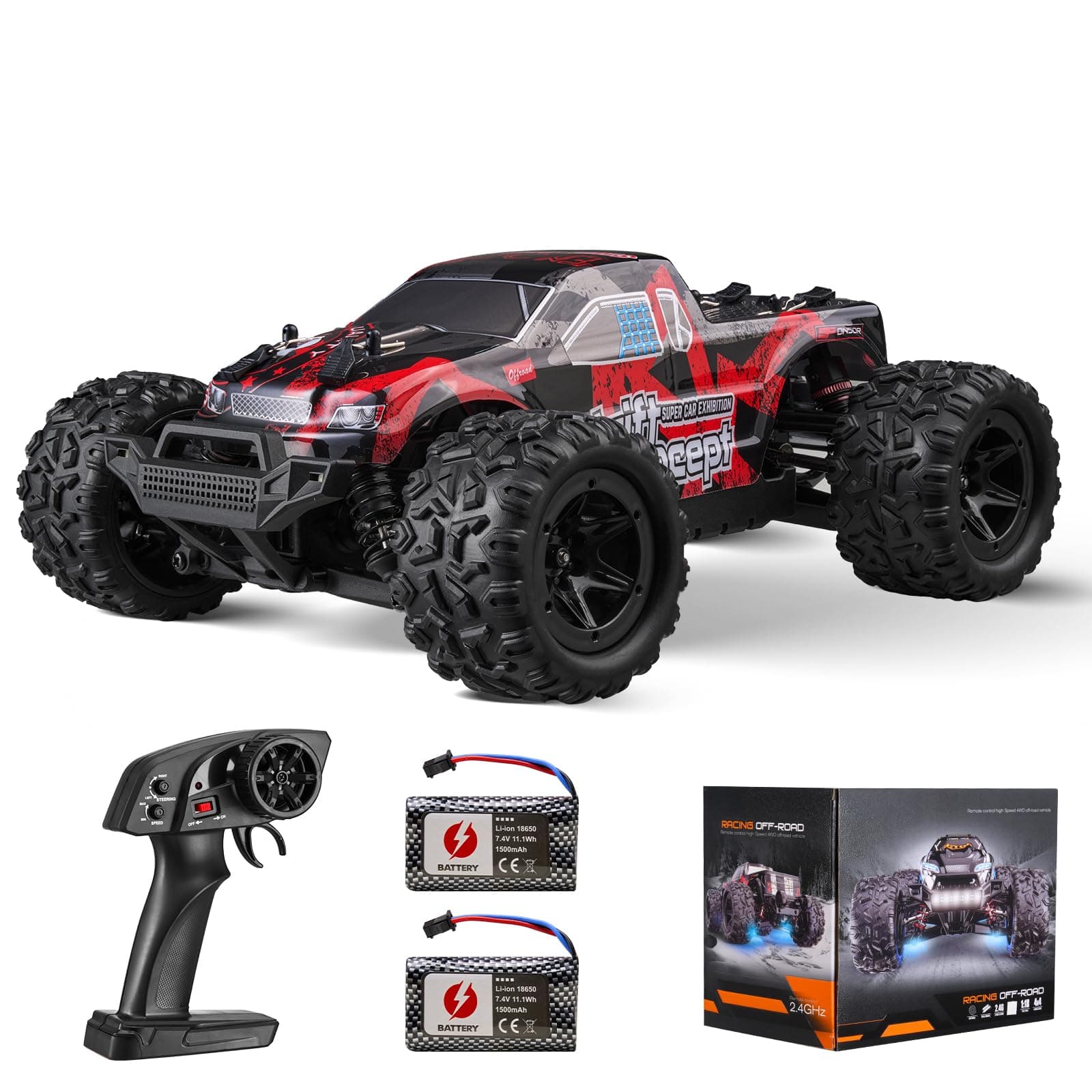 Remote Control Car 1:18 Scale RC Car for Adults, 36 km/h High Speed, All Terrain Waterproof IPX4 Electric 4WD Off-Road Monster Truck with 2 Batteries Hobby RC Truck Xmas Gift for Adult and Boys