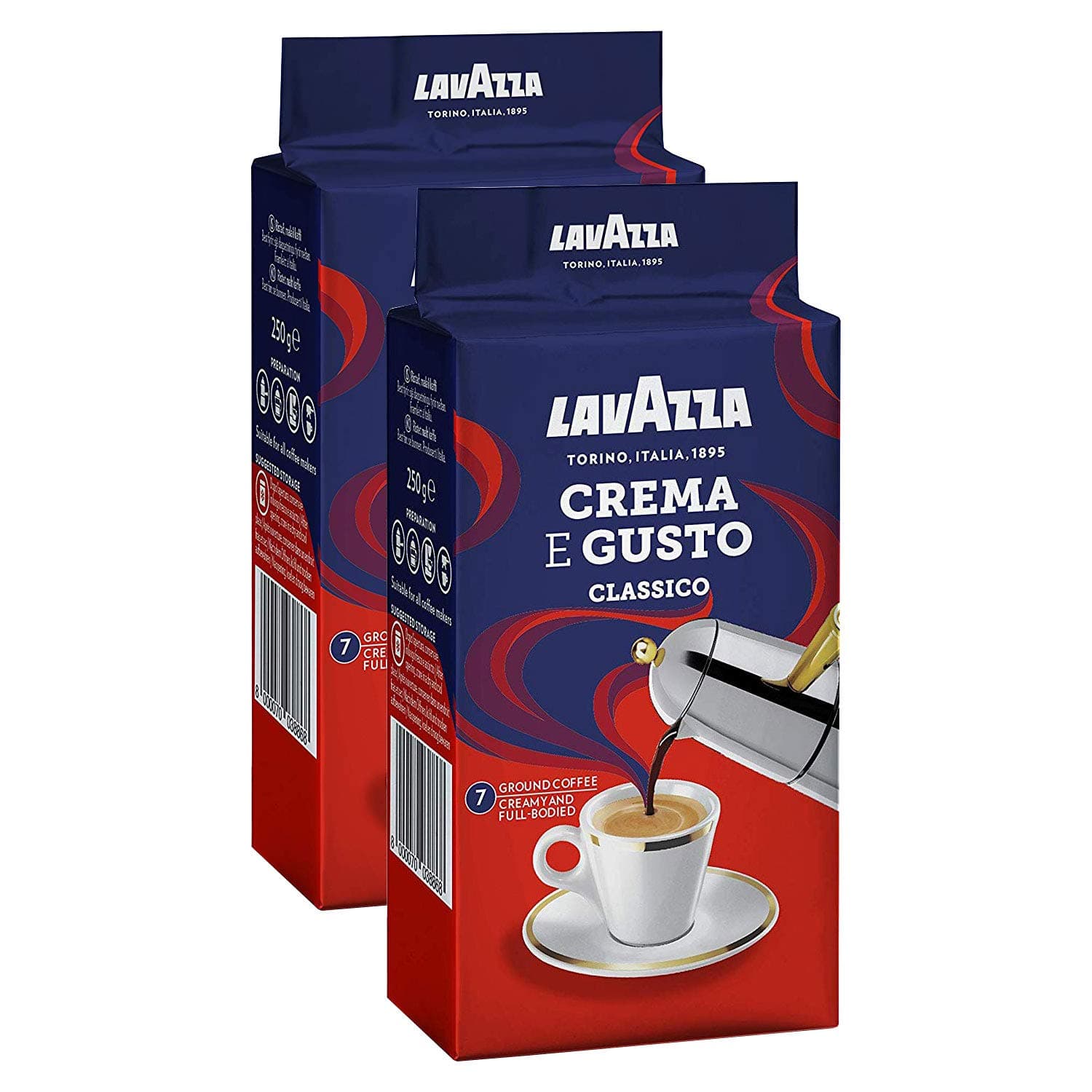 Lavazza Crema e Gusto Classico Ground Coffee | 7/10 Intensity | 250g (Pack of 2) - Arabica and Robusta Blend