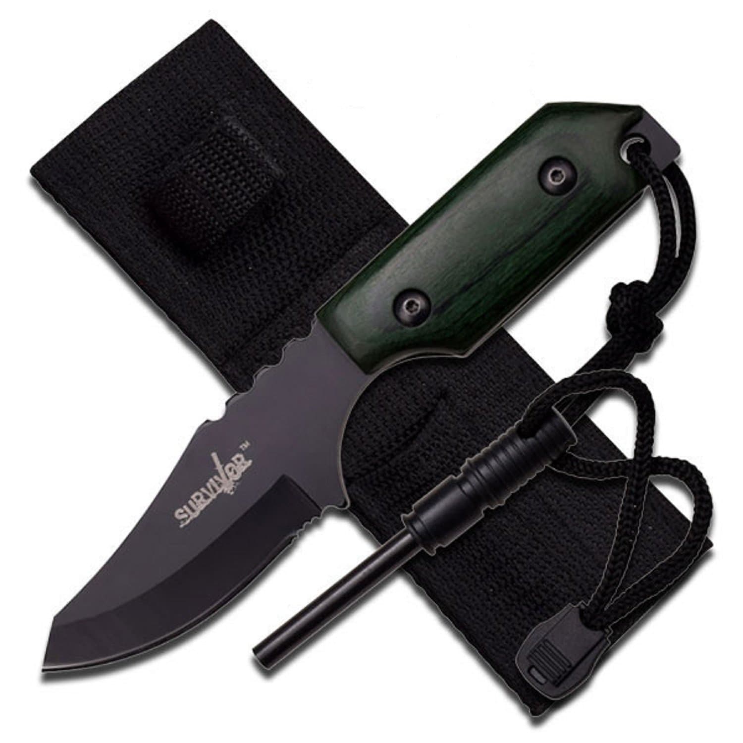 Master Cutlery Fire Starter Survivor Knife with Pakkawood Handle and 7-Inch Fixed Blade, Black/Green