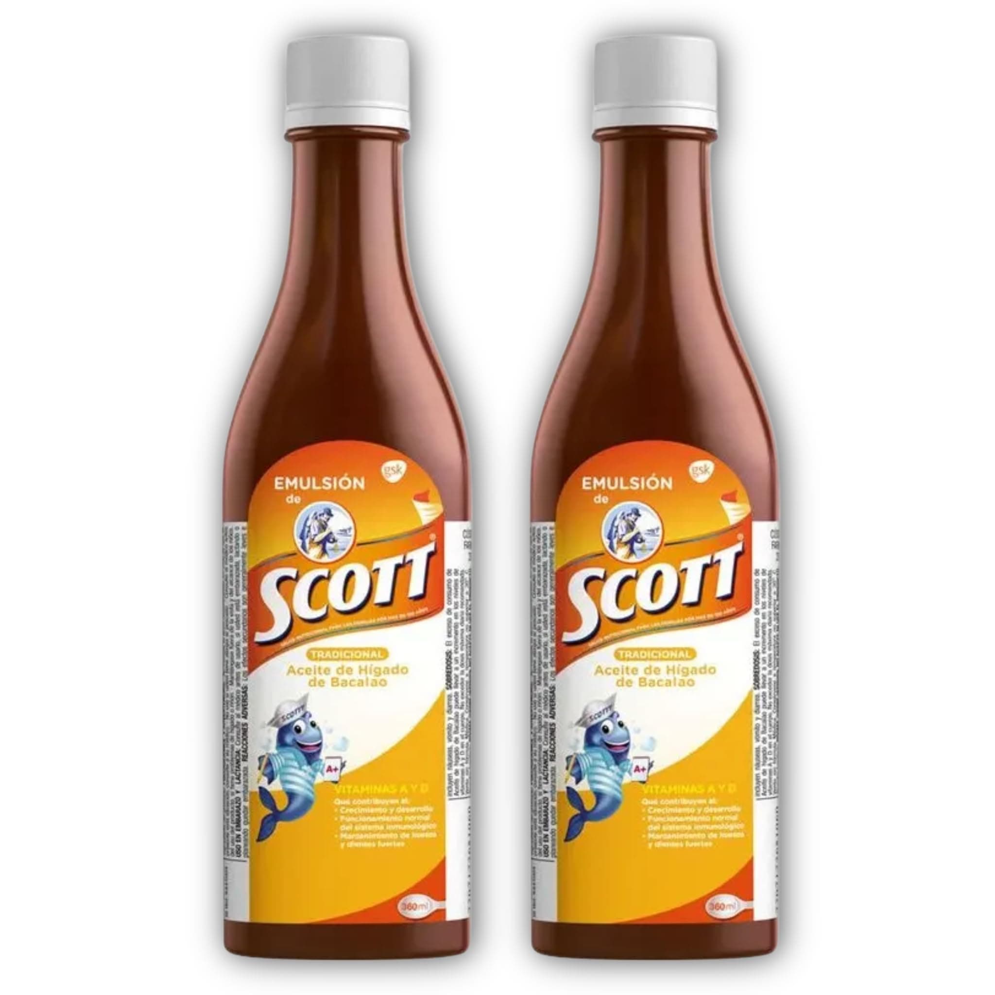 Emulsion de Scott Aceite de hígado de bacalao sabor tradicional Pack de 2 de 6.1 fl oz - 180 ml - con vitamina A y Calcio, suplemento dietético para niños, despensa Colombiana