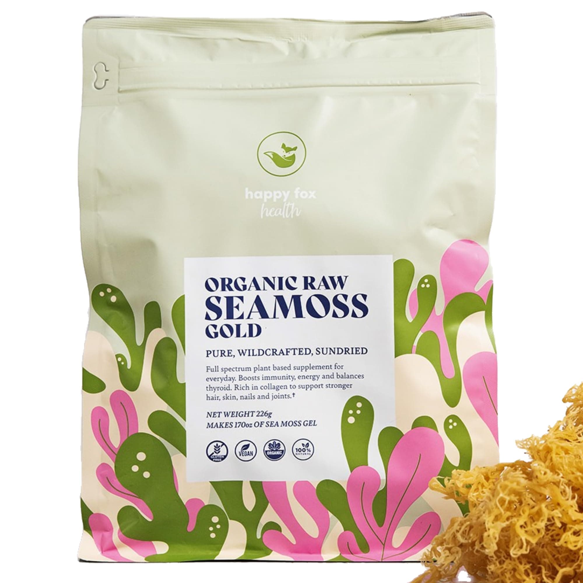 HAPPY FOX Organic Sea Moss Raw Gold Makes 170oz of Seamoss Gel Rich in Vitamins & Minerals, Certified Non-GMO, Wildcrafted, Sundried Superfood - 8oz Bag