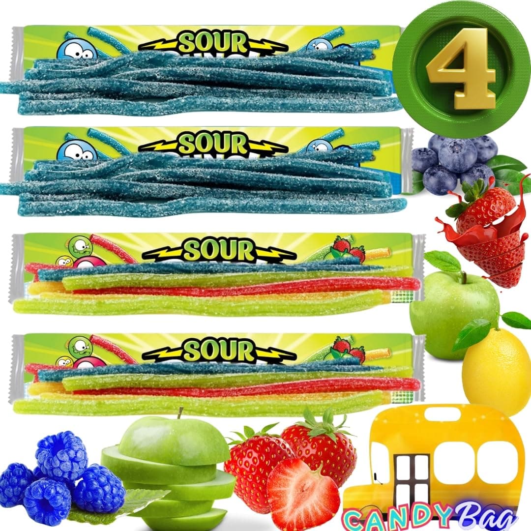 (PACK OF 4) Sour Straws Lovers - 4 Extra Large Unique Trays of 4 Flavors Variety Candy - Blue Raspberry, Strawberry, Green Apple, Lemon - Comes With One Bus Resealable ZipBag (BlueRaspberry+Rainbow)
