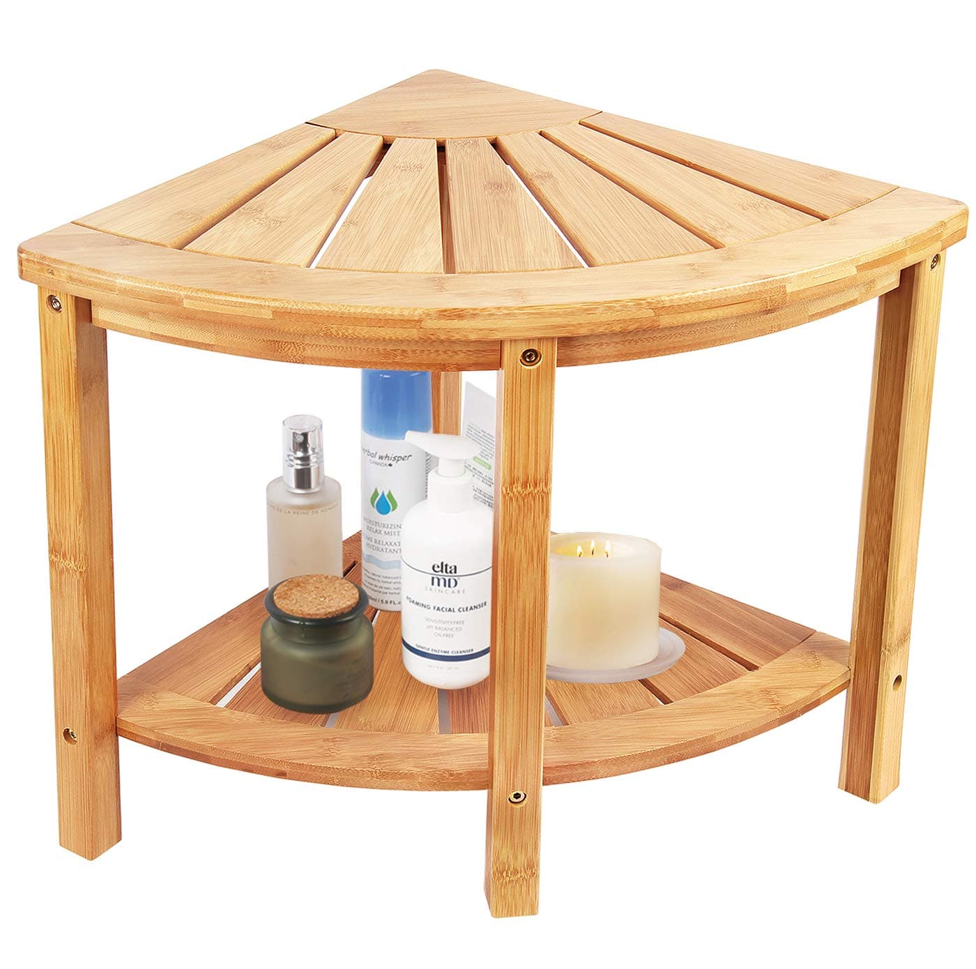 Ybj-ake Corner Shower Bench & Seat & Stool with 2-Tire Storage Shelf, Durable & Stable Indoor and Outdoor Bench with 100% Bamboo (Brown)