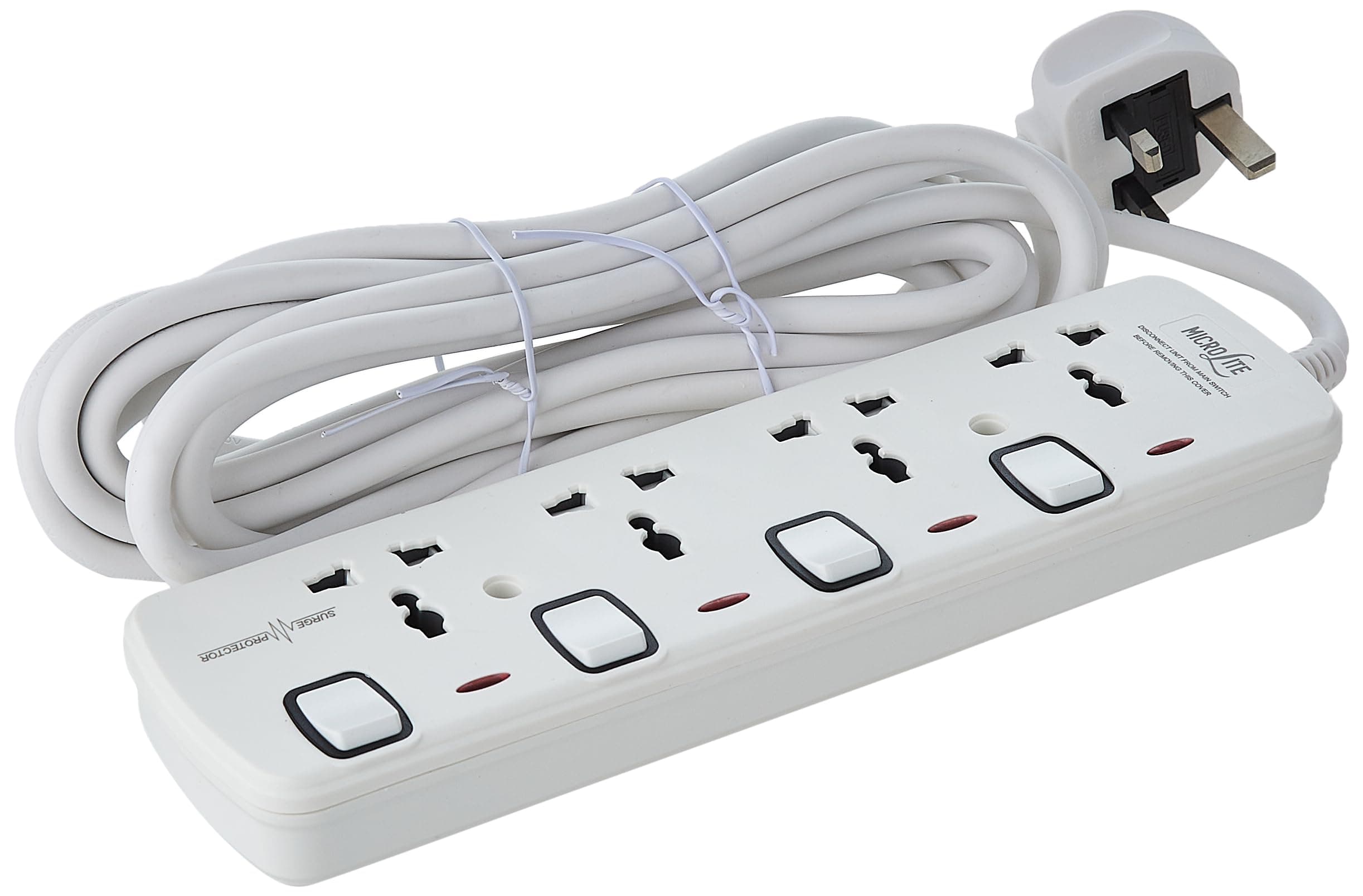 Microlite 4 Way 3 Meter ESMA Certified Universal Extension Power Cord, Full Copper, Fire Rated Housing, Fused Electrical Extender Outlet Sockets with Individual Switches & Neon for Home Office