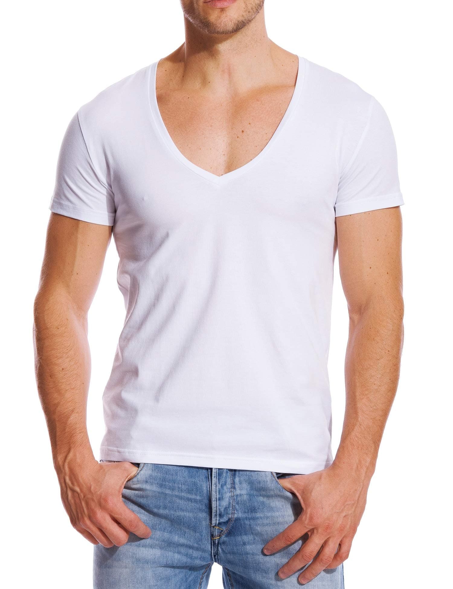 - V Neck T Shirts Men Deep V Neck Tee Muscle Slim Fit Low Cut Stretch Tshirt