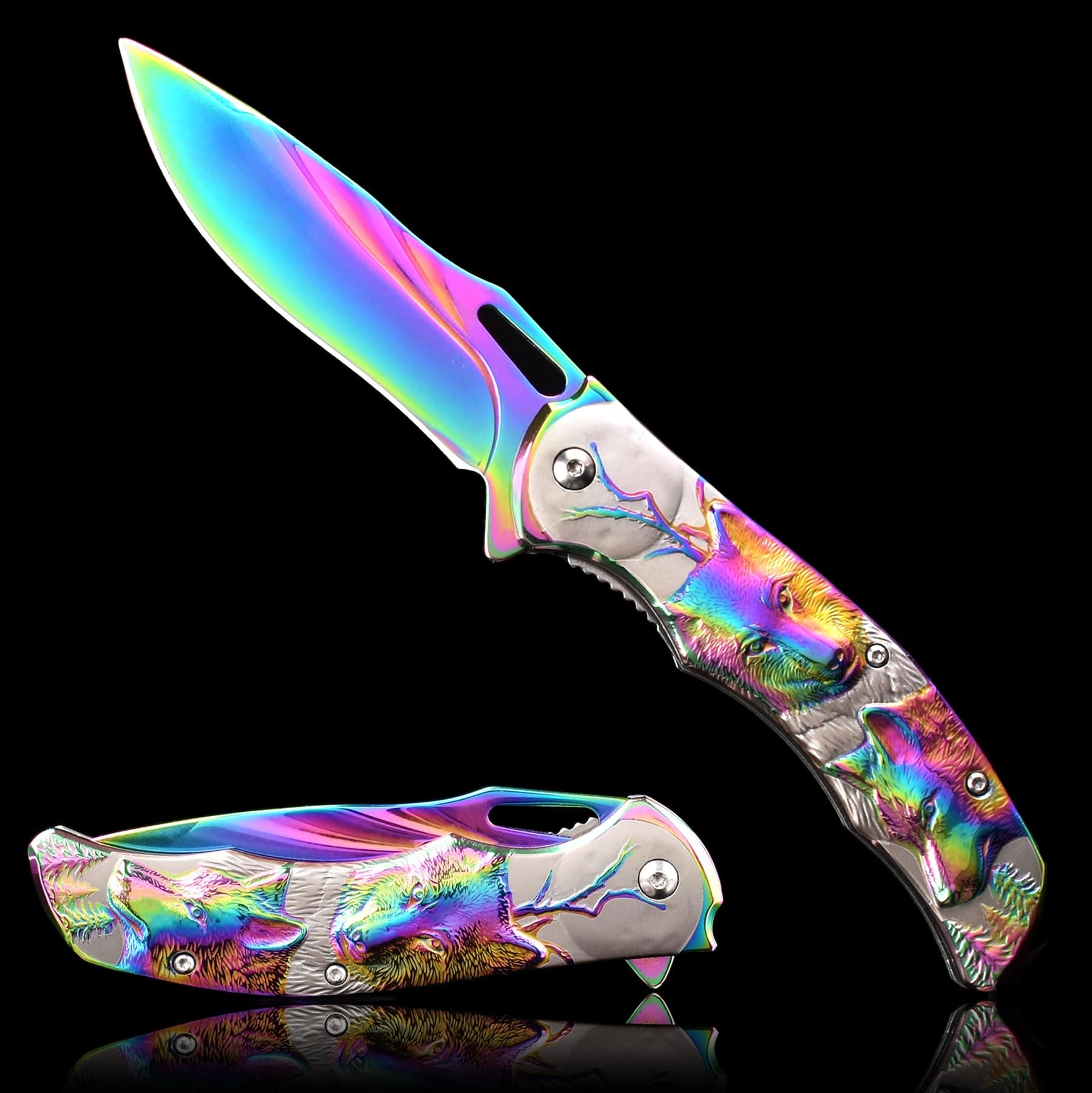Pocket Knife for Men, Folding Knife With Clip & 3D TITANIUM PLATED WOLF Relief, Embossed Edc Knife For Men Outdoor Survival Camping Hiking hunting (Rainbow)