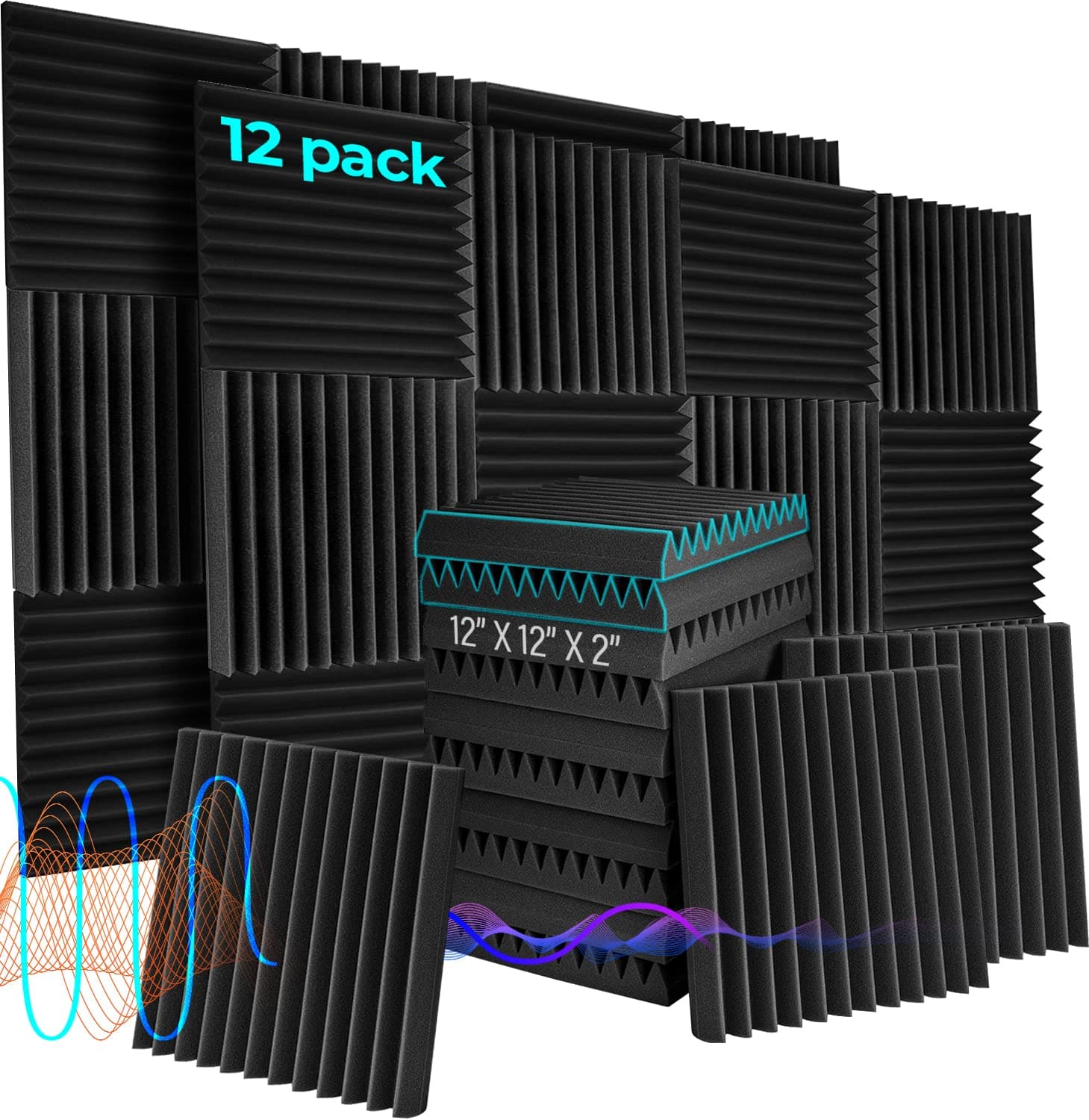 DECOLURE 12 Pack Acoustic Panels - Extra Thick 2" x 12" x 12" Acoustic Foam Sound Insulation - High Density Sound Absorbing/Dampening Panels Foam for Wall Home, Studio and Office - Fire Proof (Black)