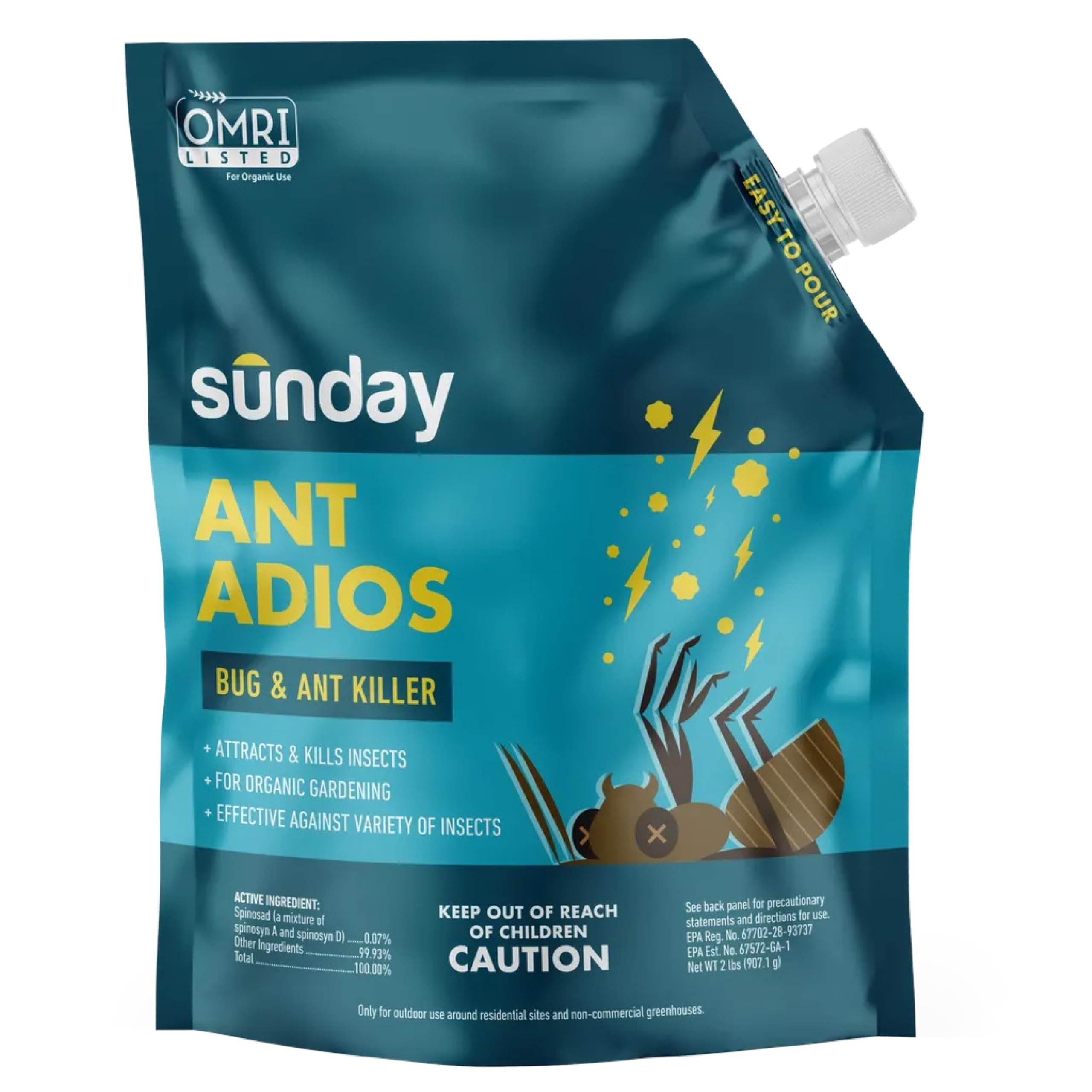 Sunday Ant Adios - Bug & Ant Killer - Outdoor Insect Control Uses Spinosad to Eliminate Ants, Earwigs, Cutworms, & More - for Organic Gardening - Treats 4,000 sq ft - Results in 3-14 Days - 2lbs