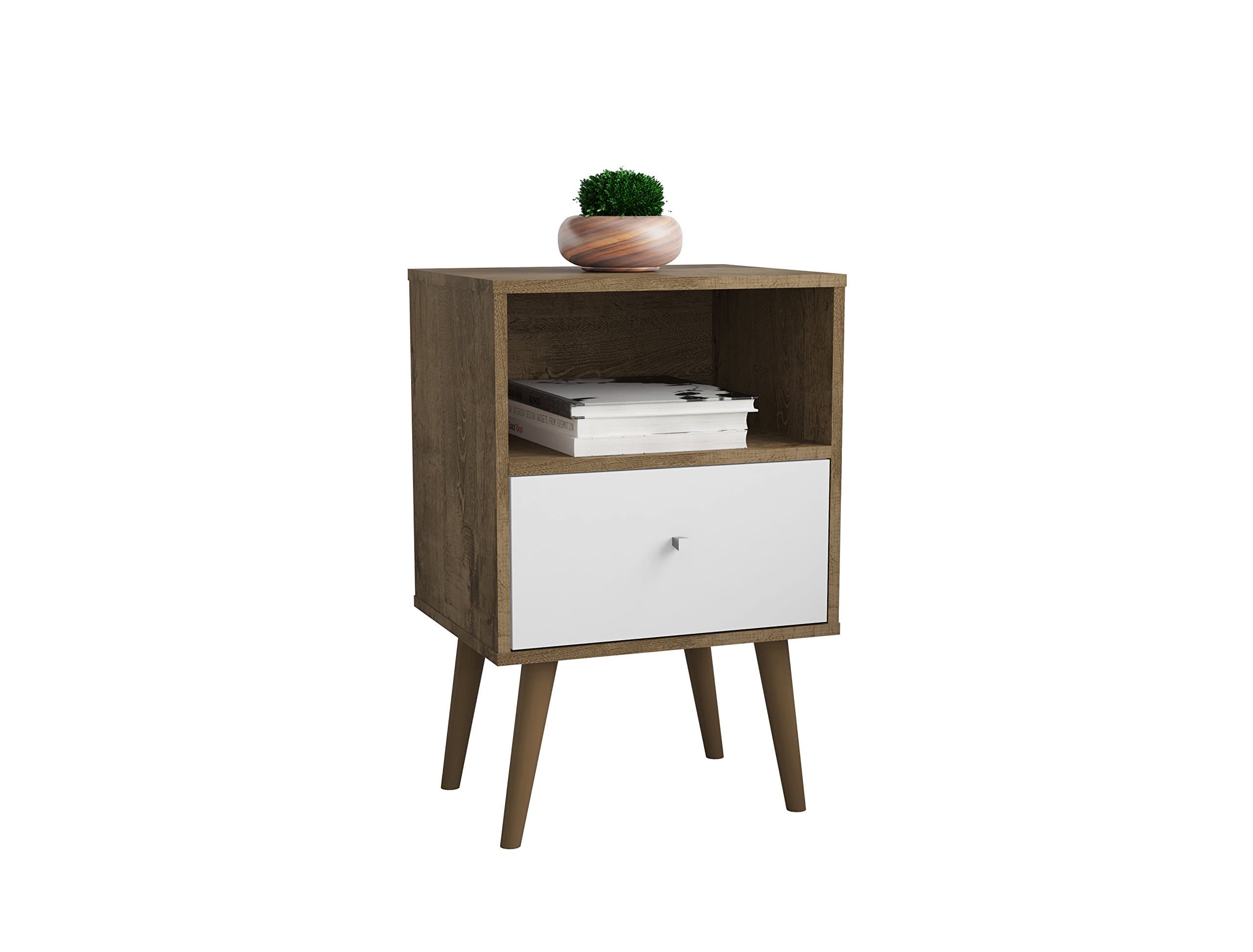 Manhattan ComfortLiberty Modern 1 Drawer Bedroom Nightstand/End Table, Rustic Brown/White