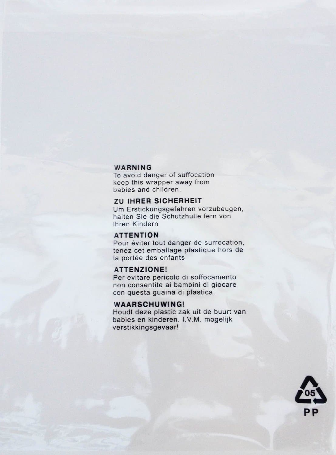 100 x Self Seal OPP Crystal Clear Poly Bags with Suffocation Warning in 5 Languages (10 x 14" (254 x 355mm))