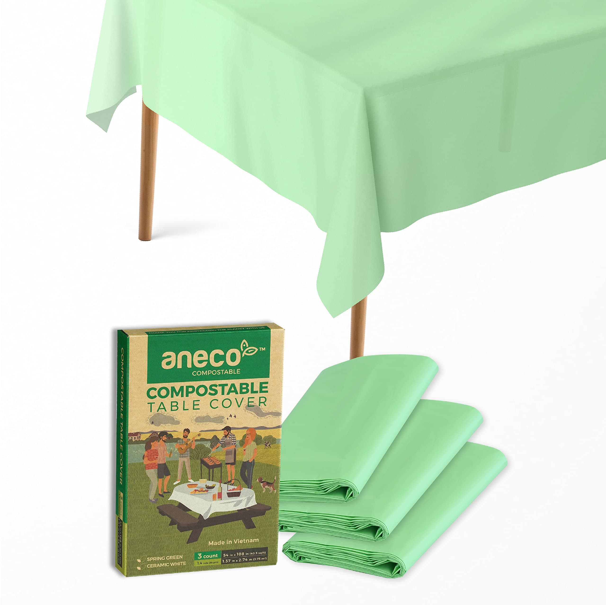 ANECO 100% Compostable Tablecloths for Rectangle Tables (54''x108'', 3 Count) - Green Disposable Rectangular Tablecloth - Anti-Plastic Table Cover for Outdoor, Party, Picnic, Wedding