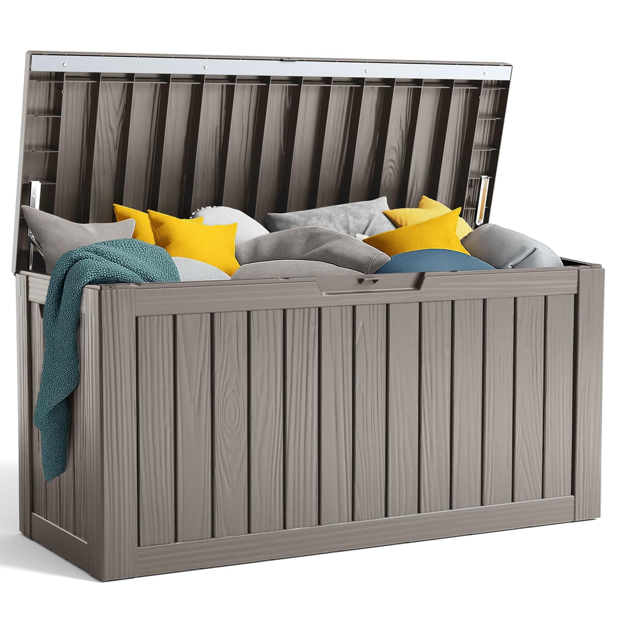 90 Gallon Resin Deck Box, Lockable Patio Outdoor Storage Box for Furniture, Garden Tools and Tools Storage, Waterproof Outside Storage Boxes - Grey