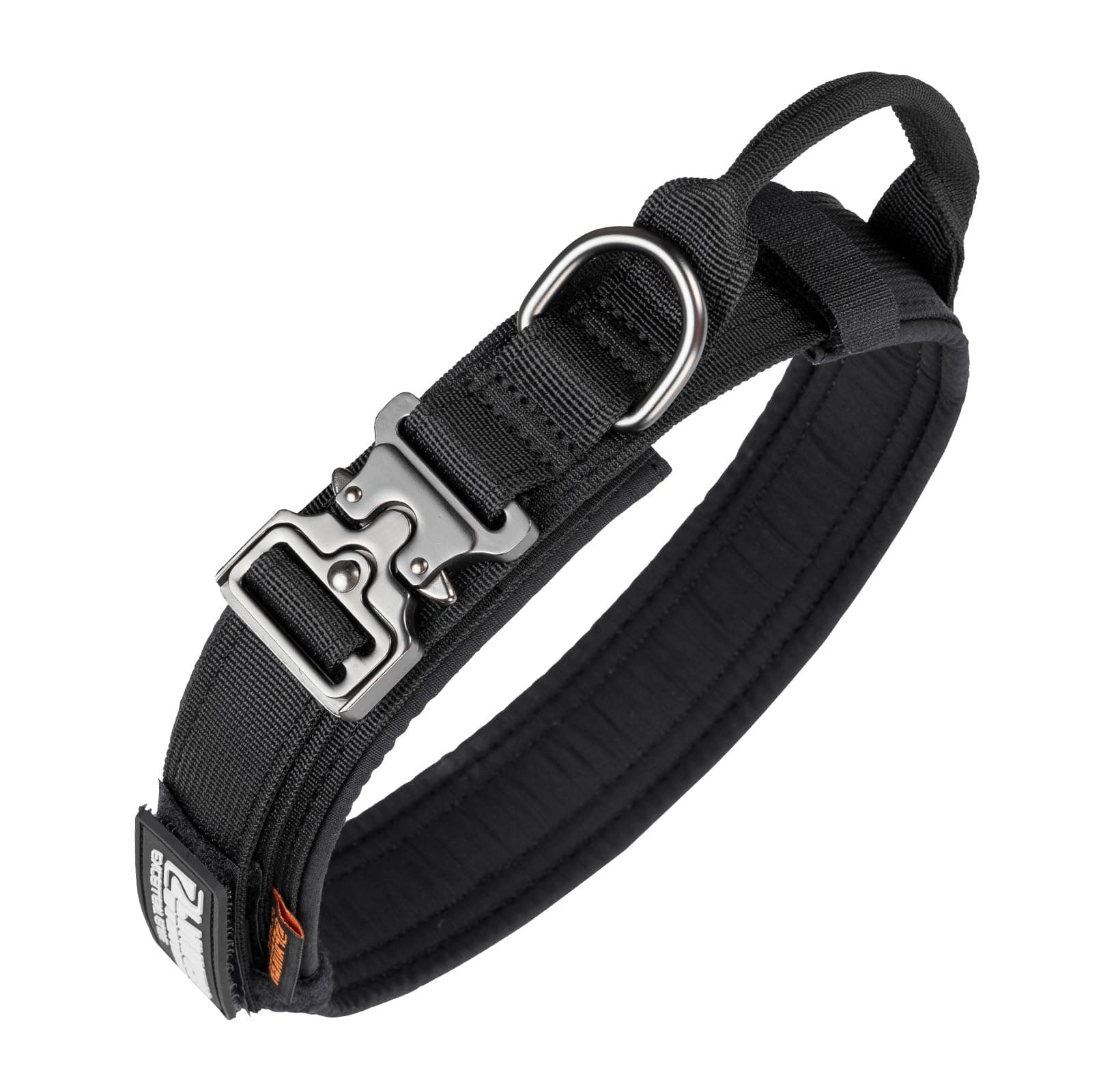 EXCELLENT ELITE SPANKER Tactical Dog Collar Nylon Adjustable Training Collar Military Dog Collar Heavy Duty Metal Buckle with Control Handle for Medium and Large Dogs with Patches(Black-L)