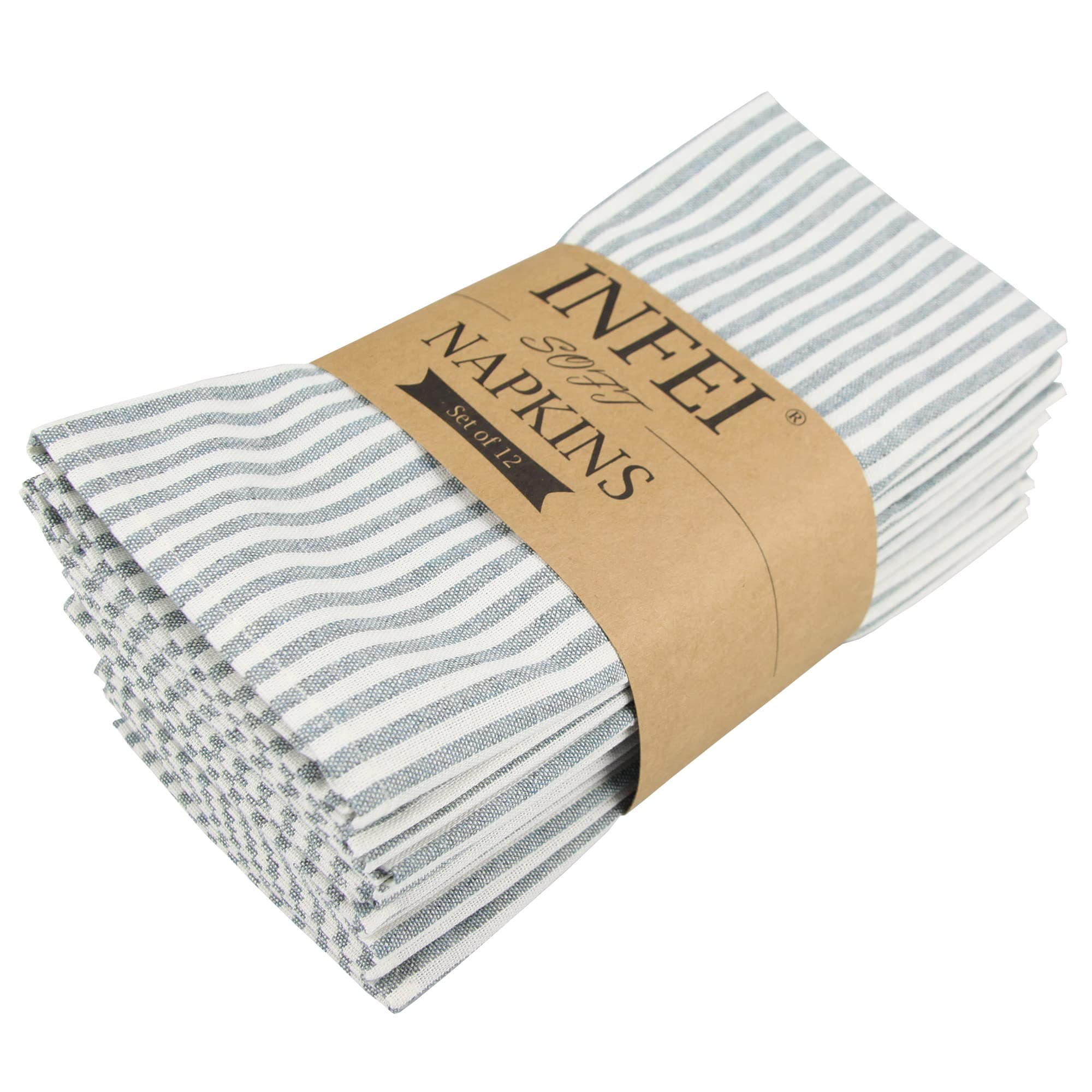Plain Striped Cotton Linen Blended Dinner Cloth Napkins - Set of 12 (40 x 30 cm) - for Events & Home Use (Ocean)
