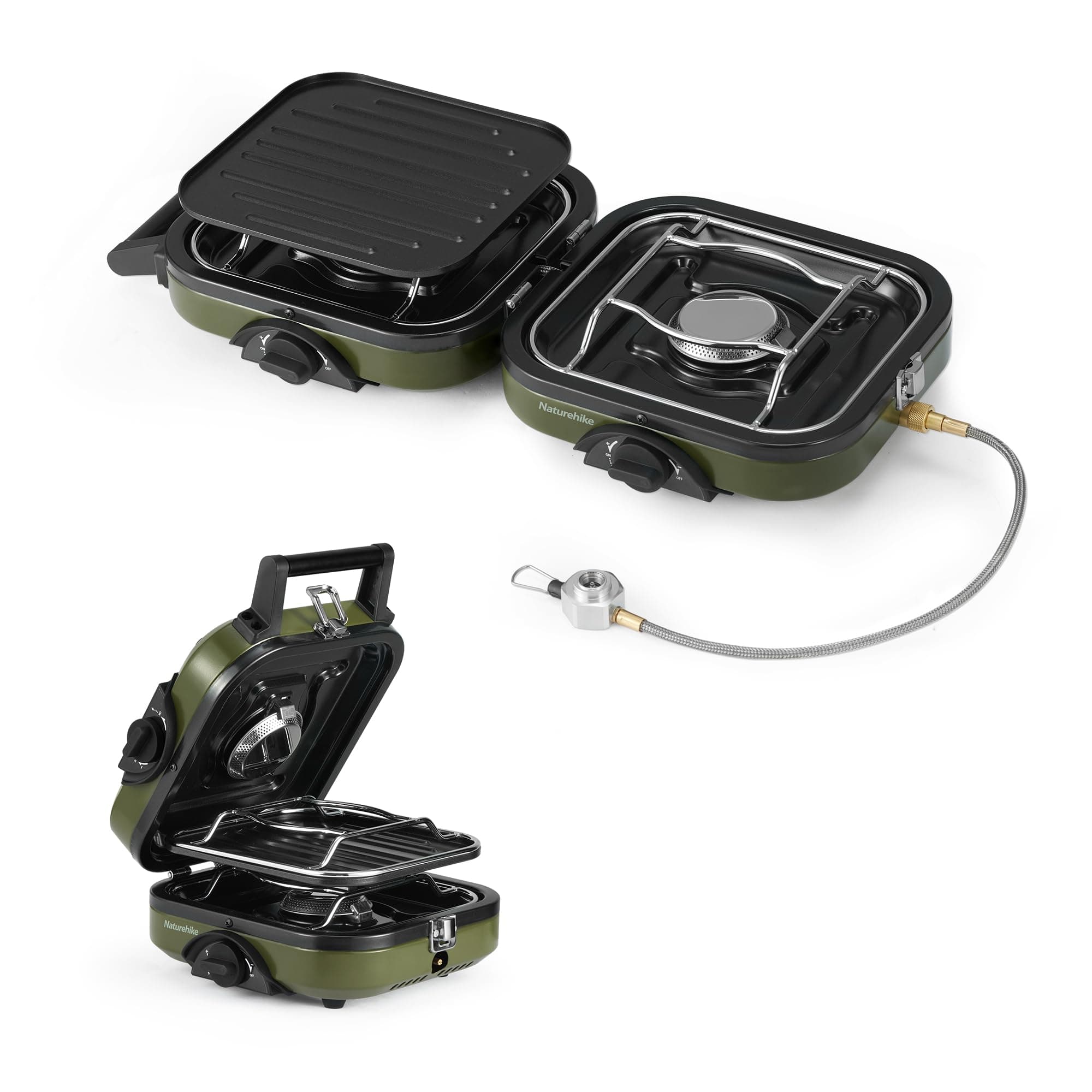 2 Burner Folding Camping Stove with Griddle, Portable Camp Isobutane Gas Stove with 16000 BTU Adjustable Burners & Piezo Ignition