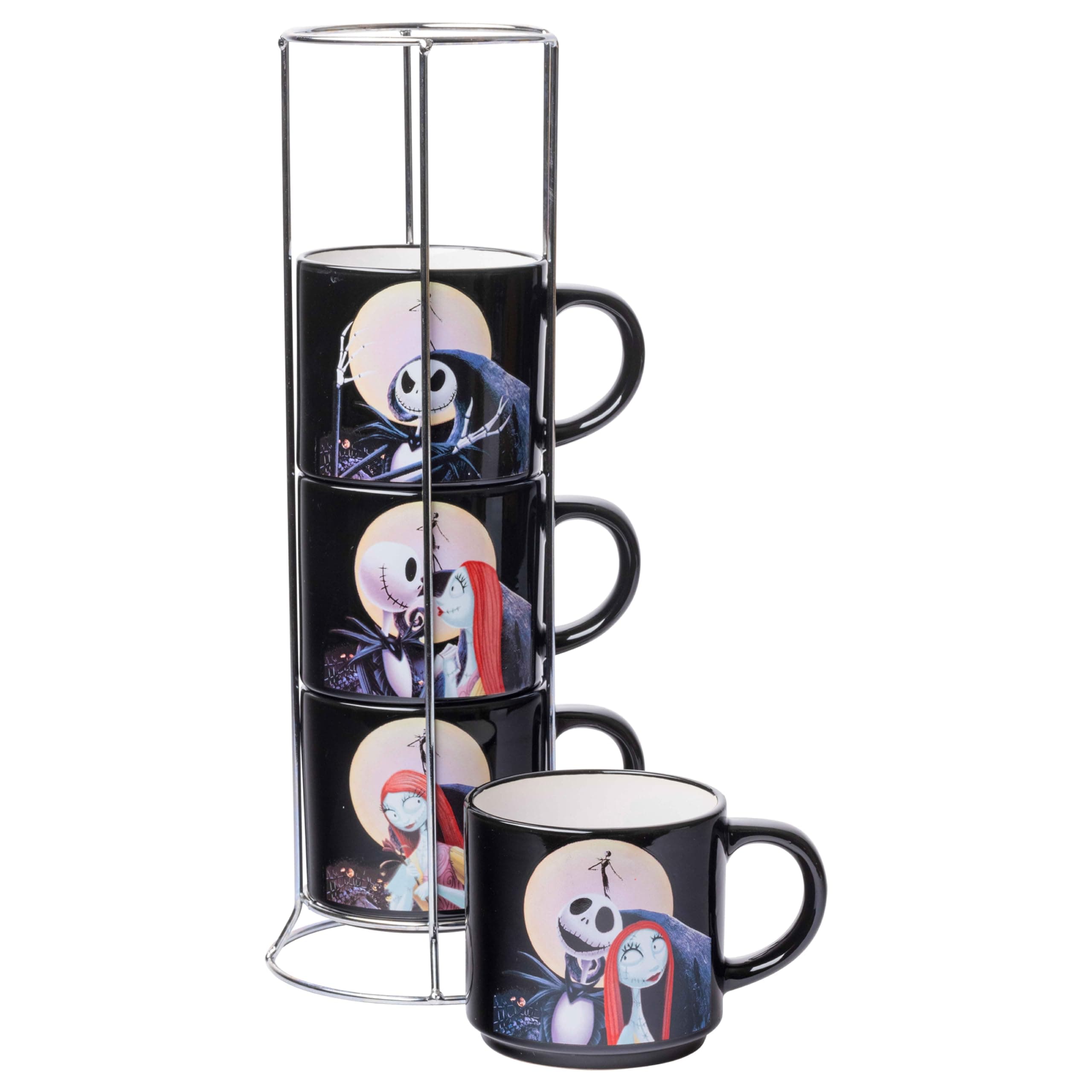 Silver Buffalo Nightmare Before Christmas Jack Sally Scene 4-Pack Ceramic Mug Stack, 10-Ounces, Nightmare Before Christmas 4-Pack Mug Stack, 5 Piece Set