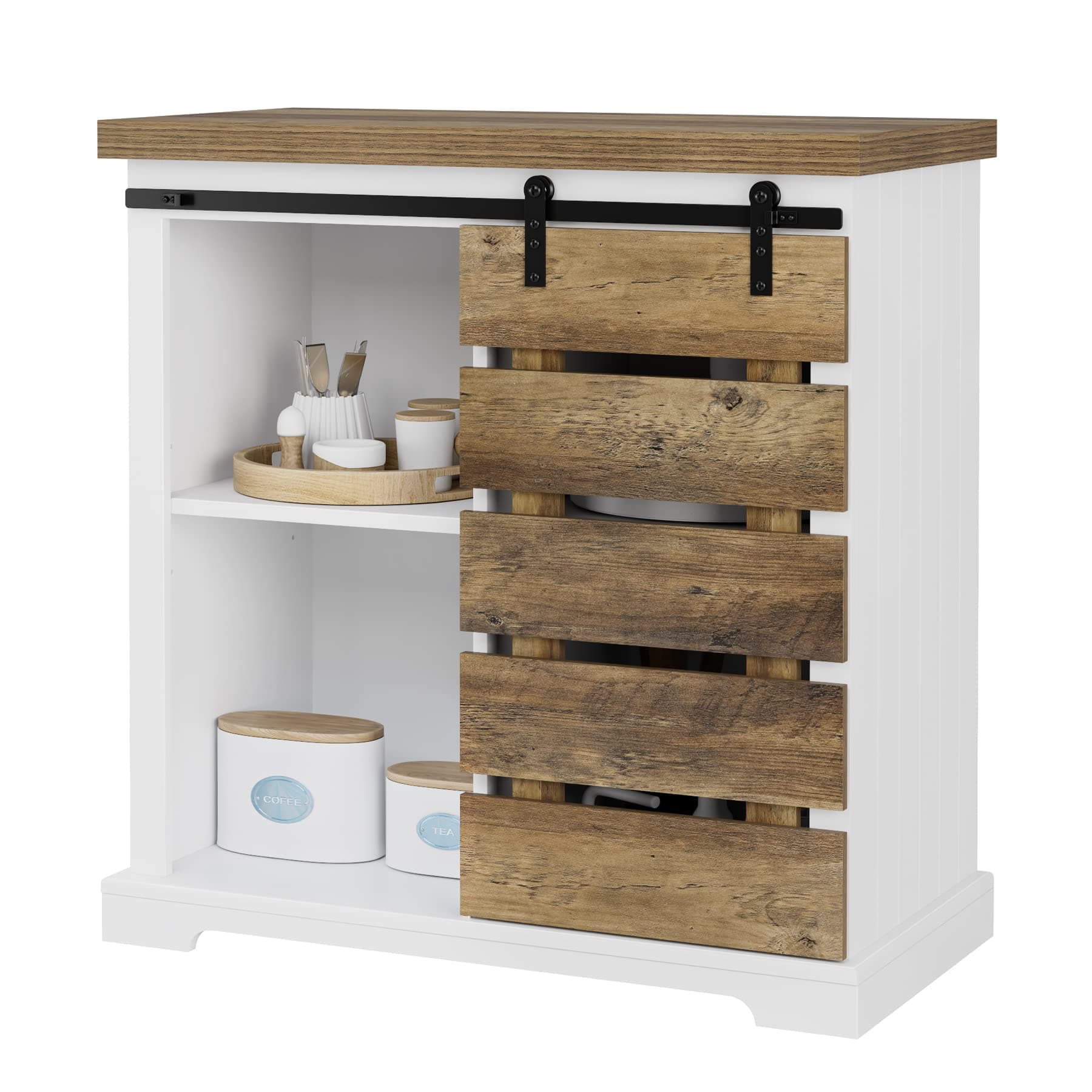 HOCSOK Kitchen Sideboard, Storage Cabinet with Sliding Barn Door and Adjustable Shelf, Wooden Cupboard for Dining Living Room Hallway, White and Rustic Brown