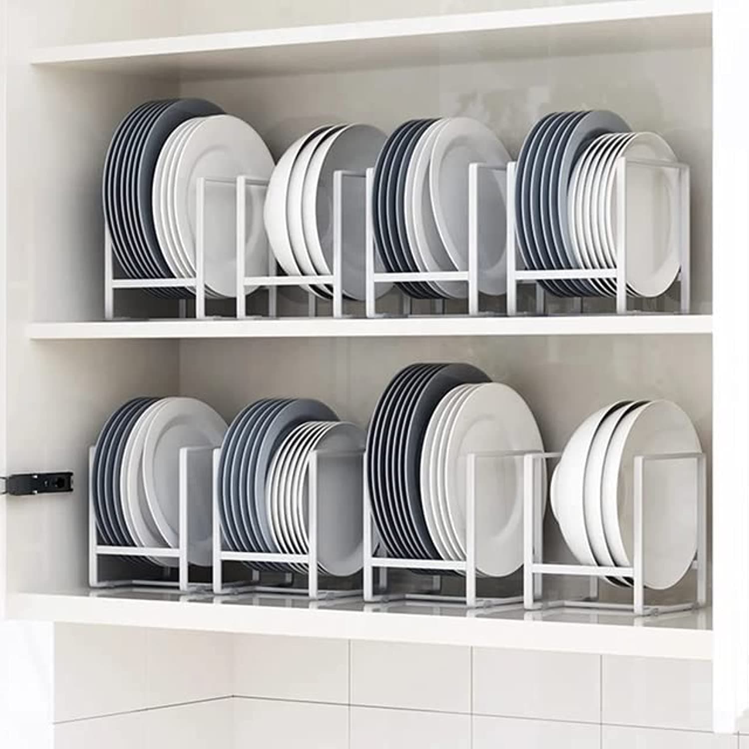 2pcs Kitchen Space Saver Dish Rack, Plate Holder, Dish Drainer, Drying Stand for Cabinet Shelf Organiser Counter Top Storage for the use of Plates Pan-Pot Lids Cutting Board - White Small(W+N)