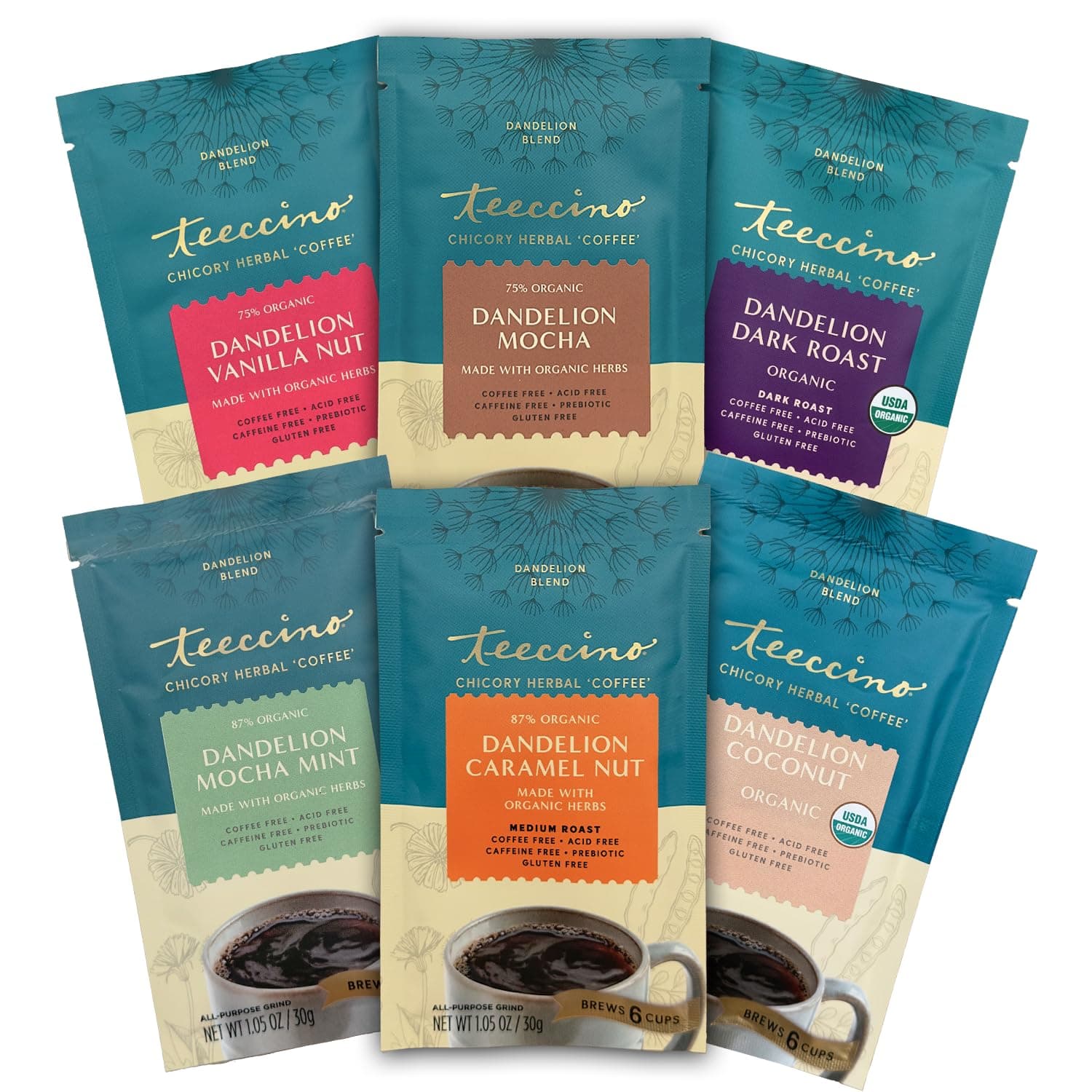 Dandelion Root Herbal Coffee Sampler - Vanilla Nut, Mocha, Dark Roast, Mocha Mint, Caramel Nut, Coconut - Caffeine-Free Coffee Alternative with Prebiotics - 6 Trial Size Packets