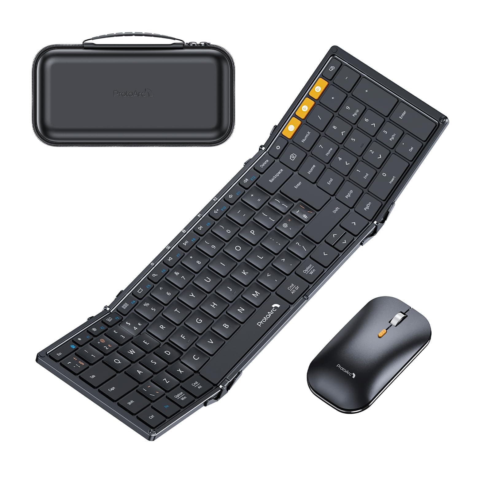 ProtoArc Foldable Keyboard and Mouse Combo, Folding Bluetooth Keyboard Mouse for Travel, 2.4G+Dual Bluetooth, Full-Size Rechargeable Portable, QWERTY UK Layout - Black