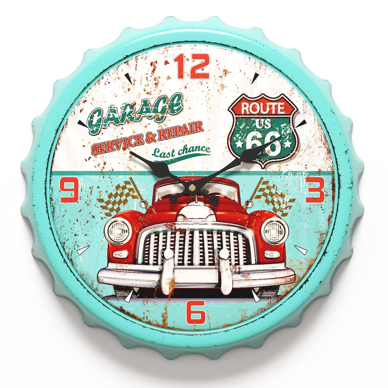 Bottle Cap Design Iron Retro Wall Clock, 13 inch Vintage Antique Style, Silent Battery Operated Decor Wall Clocks for Garage,Farmhouse,Office,Beer bar,Cafes,Kitchen,School (Green)