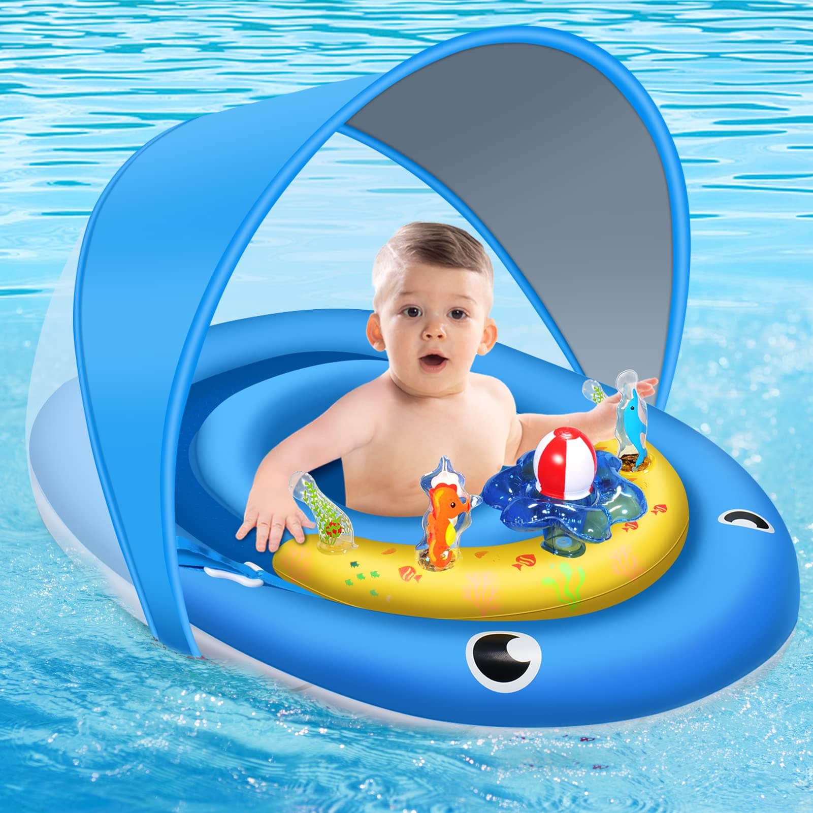 Baby Pool Float with Canopy UPF 50+ Sun Protection, 6-24 Months Inflatable Infant Swimming Ring, Bath Floatie, Swimming Pool Accessories, and Toy Play Console with Adjustable Safety Seat