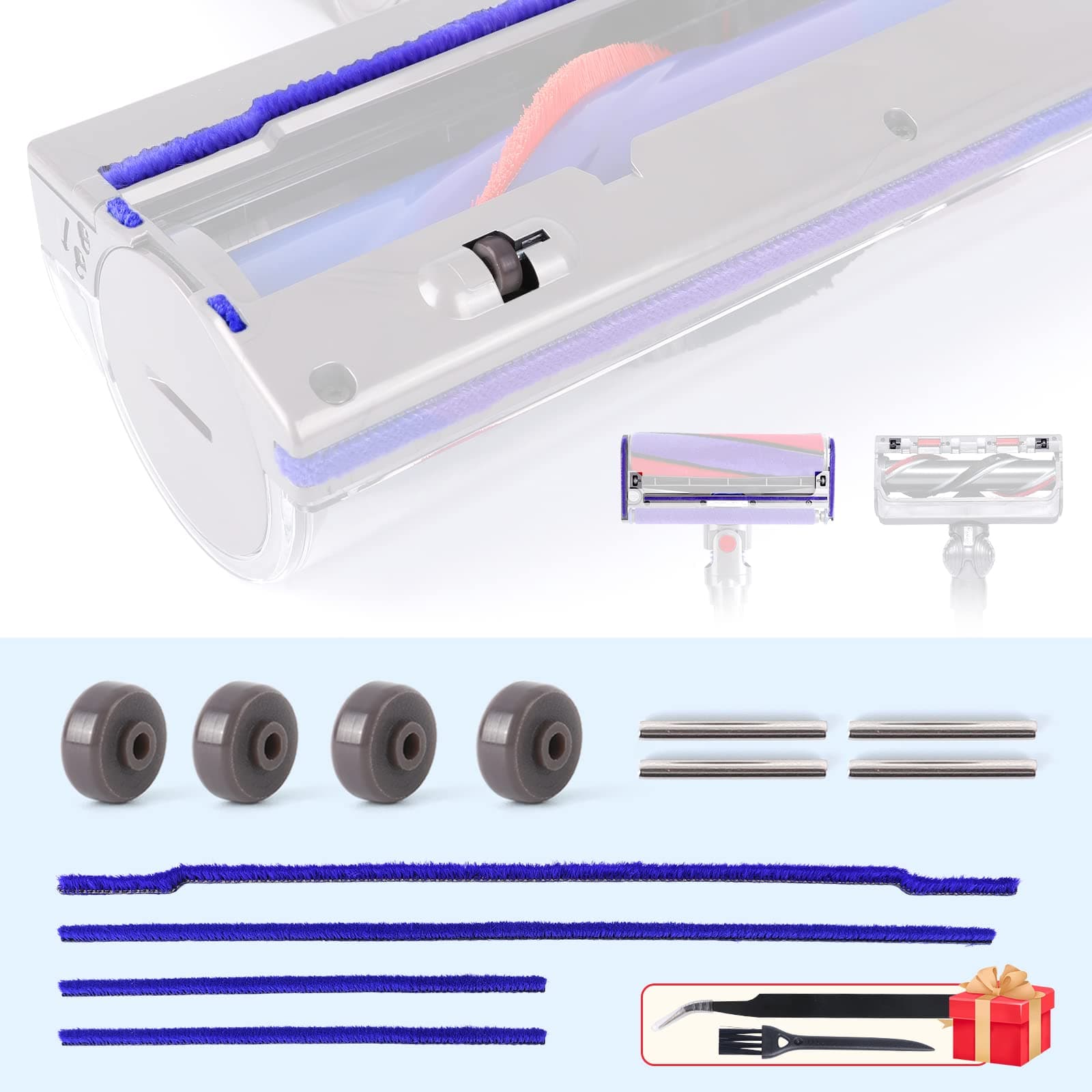 WYWY.Wide Plush Strips + Rollers Wheel + Axles Replacement for Dyson V6 V7 V8 V10 V11 DC62 Direct Drive Cleaner Head Felt Strips Wheels Parts