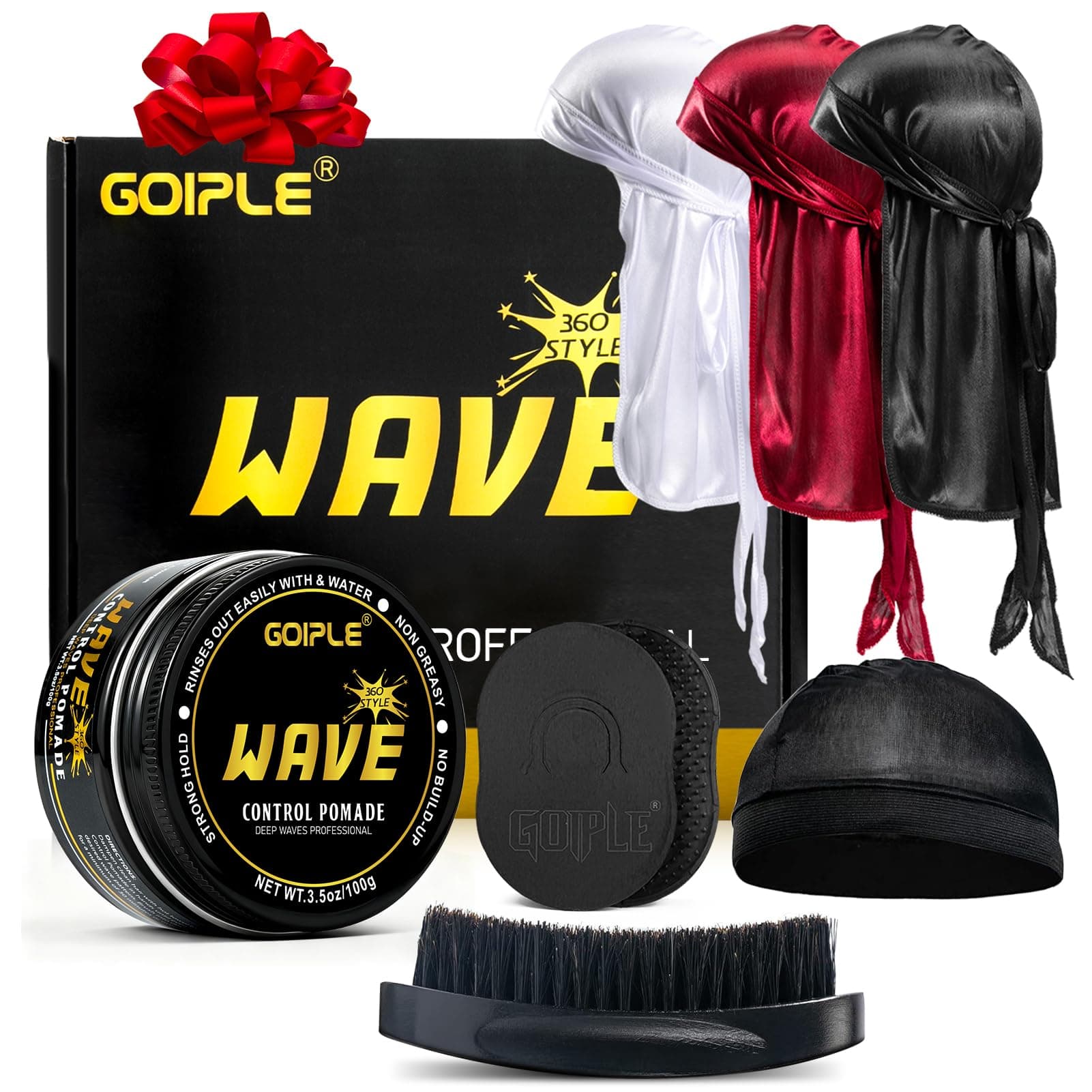Wave Pomade for Men Strong Hold Easy Wash 360 Wave Training Hair Cream, Waves Grease for Men Promotes Layered Waves, Moisture, Control and Silky Shine Pomade Brushe Silky Durag Cap Set