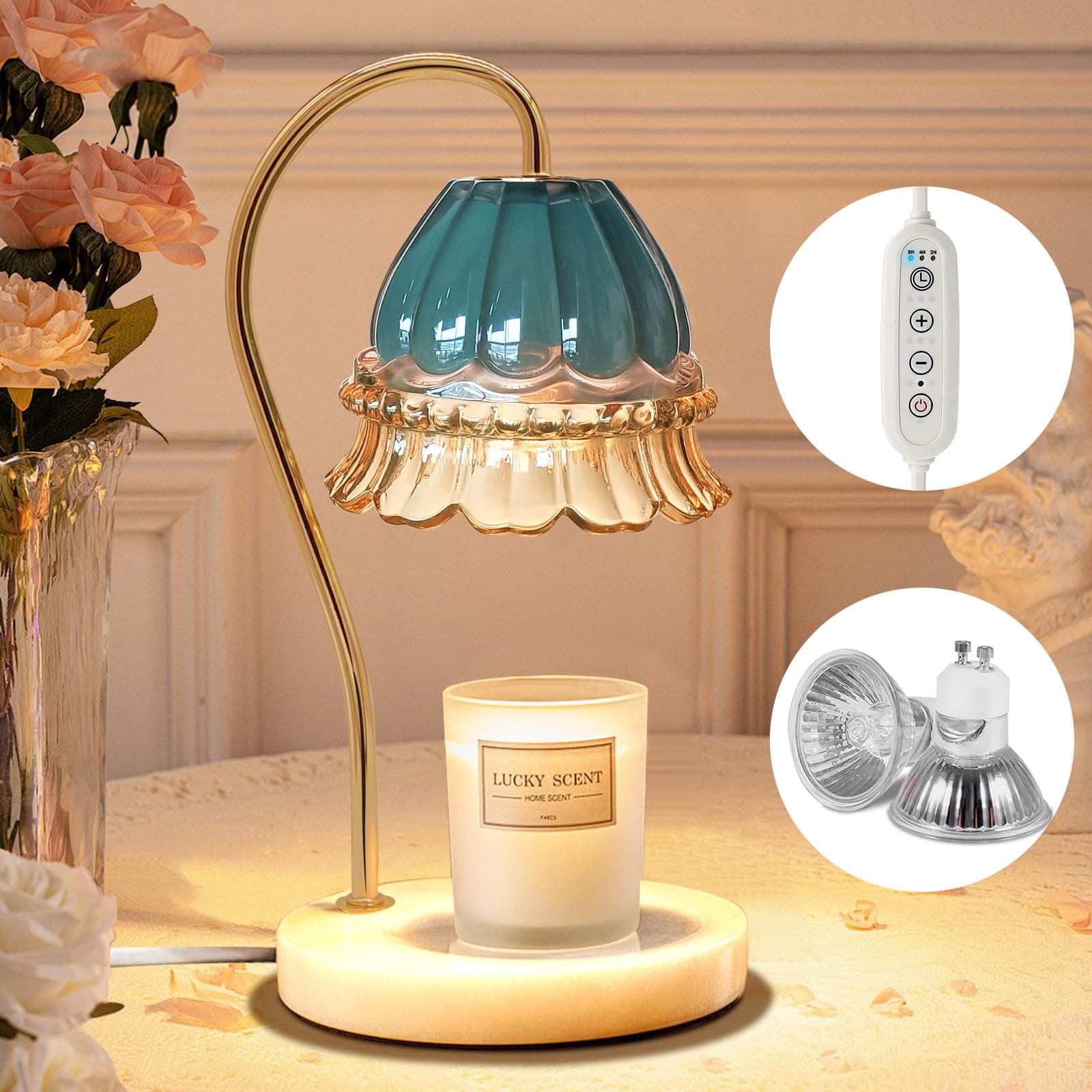 Candle Warmer Lamp with Timer, Dimmable Elegant Glass Flower Lamp, 2 Bulbs & Marble Base, Electric Desk Lamp, Vintage Aesthetic Room Bedroom Decor, Wax Melt Warmer Light, Women/Mom Warm Gift