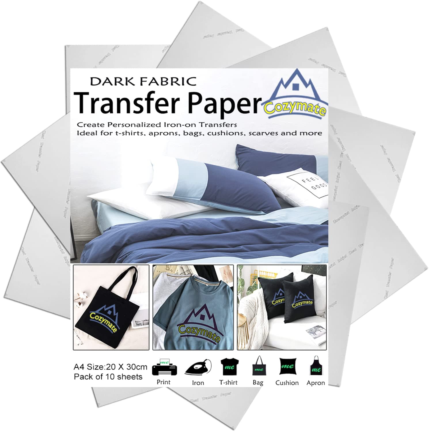 Printable Heat Transfer Paper Inkjet Printer Iron on HTV for Dark Fabric T-Shirts, Totes, and Bags, 7.9 x 11.8 inch 10 Sheets