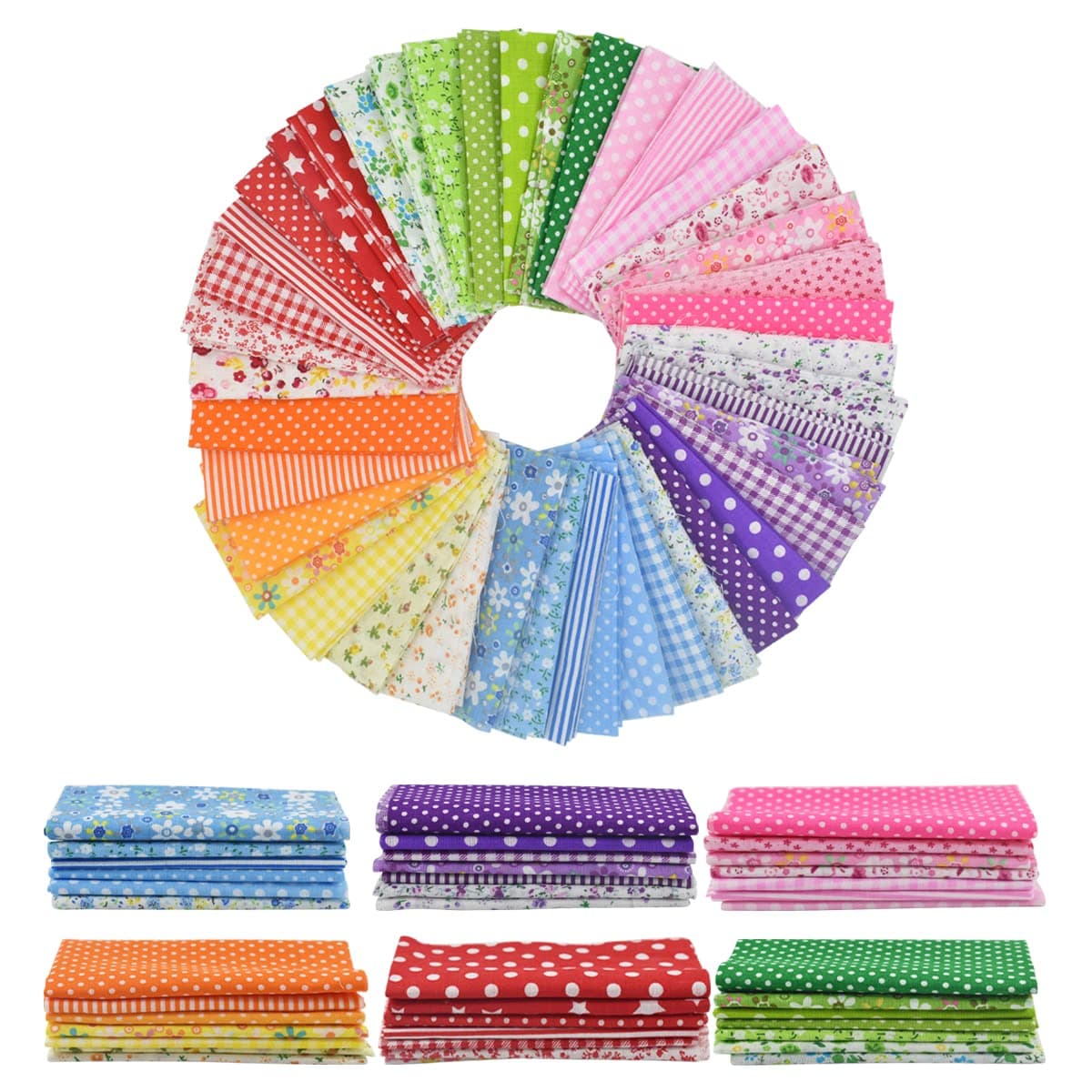 BDS-HOME 9.8X 9.8" Cotton Print Fabric Bundle Squares Pre-Cut Multicolor Design Printed Quilting Sewing Floral for Quilting Patchwork DIY Craft Scrapbooking Cloth (Red/Yellow/Green/Blue/Pink/Purple)