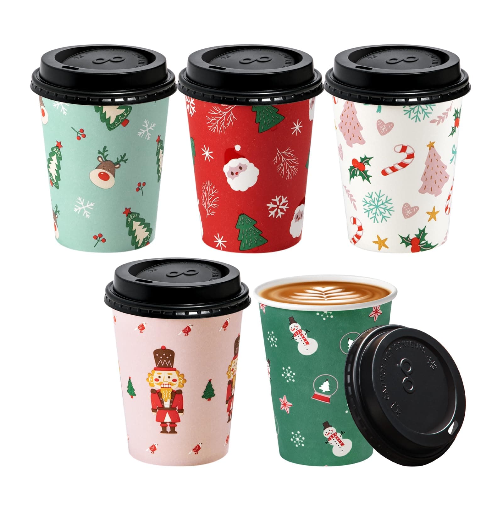 50 Pack 8 oz Christmas Disposable Coffee Cups with Lids, Premium To Go Paper Cups, Leak Proof Hot Coffee Cups with Lids for Travel, Office, Hot/Cold Beverages (Black Lids)