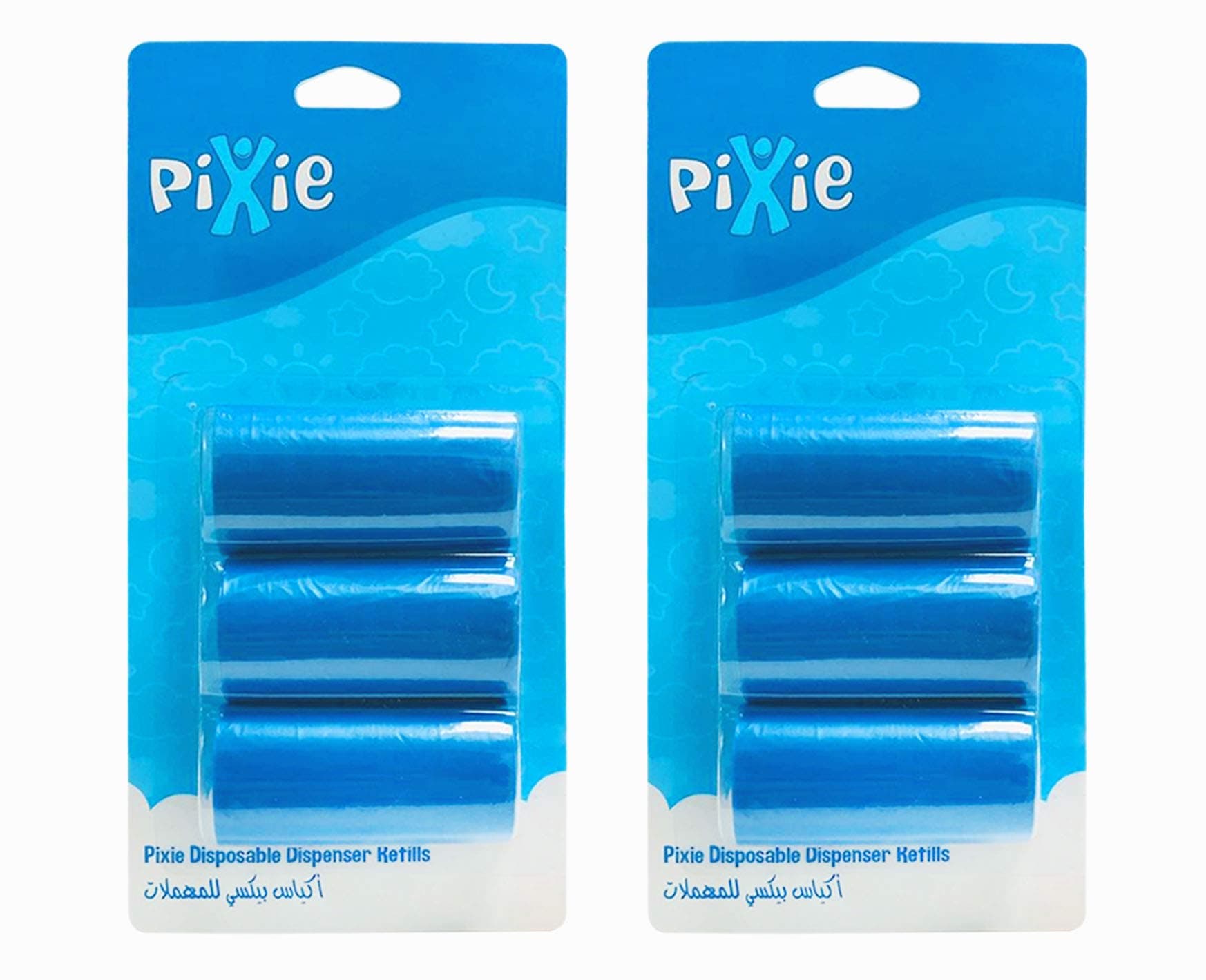 Pixie Disposable Dispenser Refill Blue Pack Of 2 (6 Rolls 120 Bags) Baby Nappy Bag, Pet Waste Scented Diaper Trash Garbage Colorful Plastic Poop Sacks