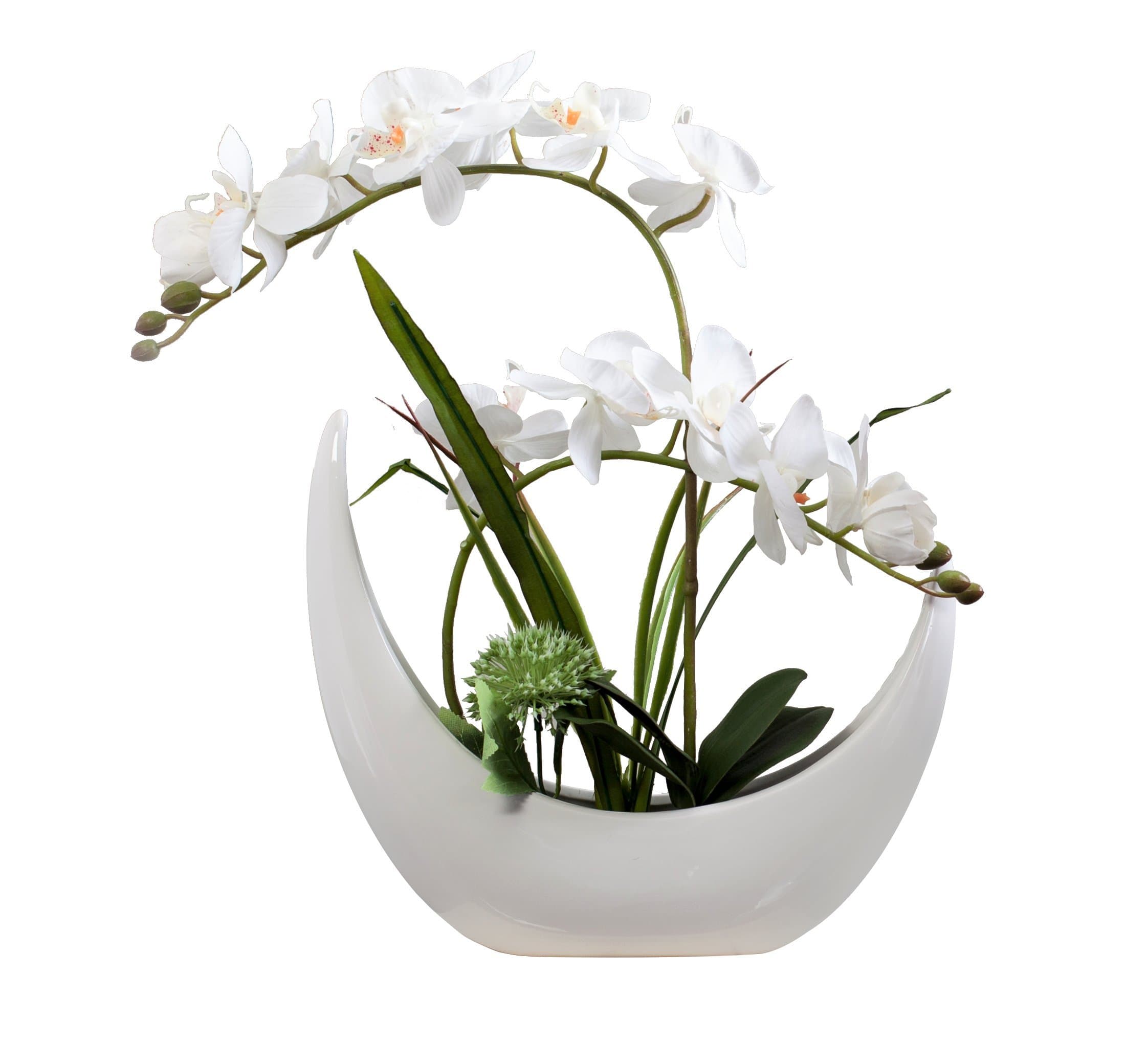 Artificial Silk Flowers Potting in White Ceramic Crescent Vase, Natural Looking Phalaenopsis Flowers and Greens, Handmade Flower Arrangement, Great Gift for Family and Friends (White)