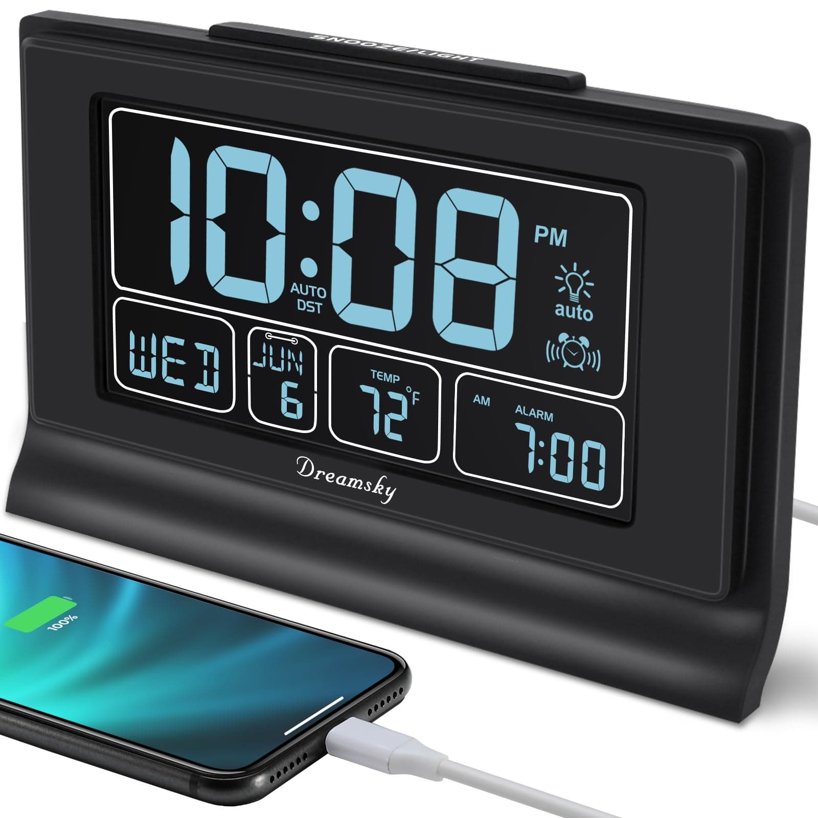 DreamSky Auto Set Digital Alarm Clock with USB Charging Port, 6.6" Large Screen with Time/Date/Temperature Display, Full Range Brightness Dimmer, Auto DST Setting, Snooze, Backup Batteries,12/24Hr.