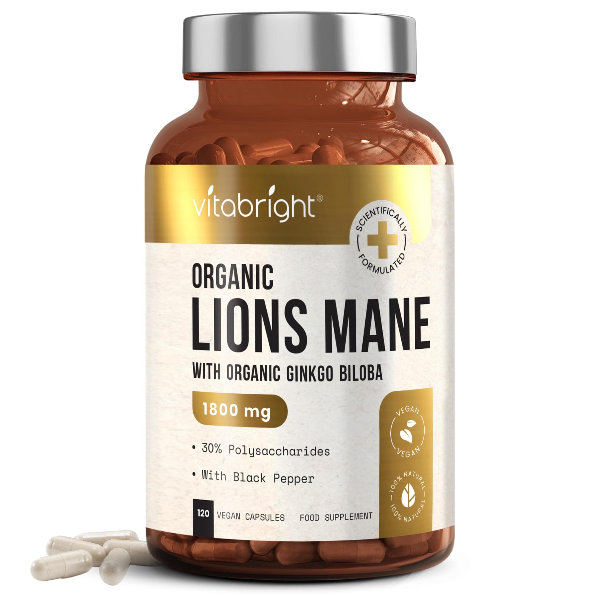 VitaBright Lions Mane Supplement Capsules | Mushroom Complex | 3600 mg per 2 Capsules | 4 Month Supply | Organic Lions Mane Powder & Gingko Biloba | High Strength Lionsmane Supplement | Made in UK
