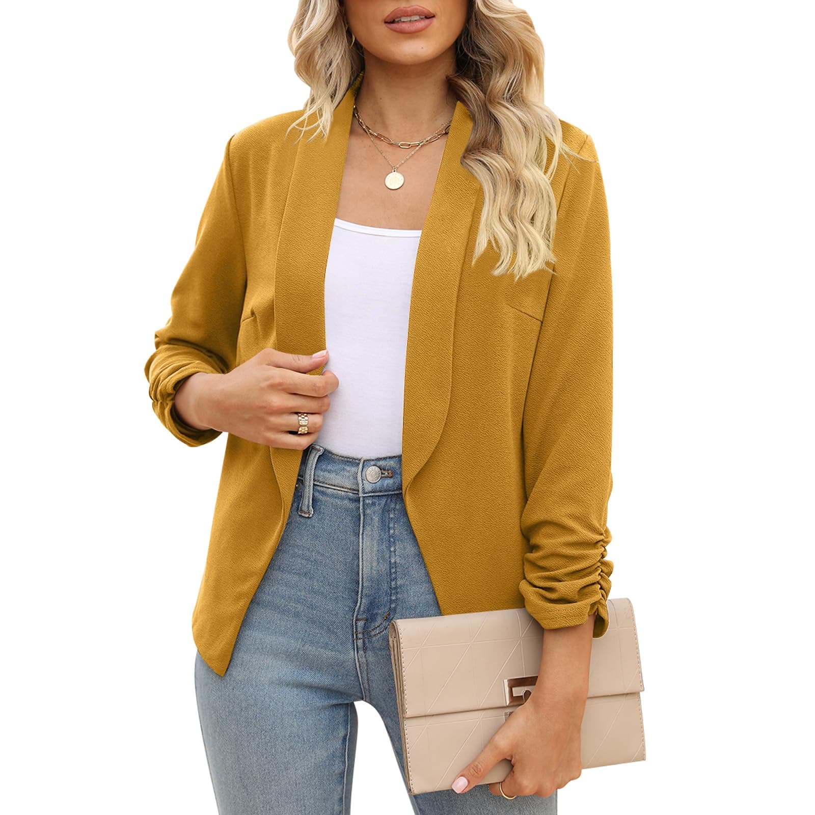 POGTMMWomen 3/4 Sleeve Blazer Open Front Cardigan Jacket Work Office Blazer