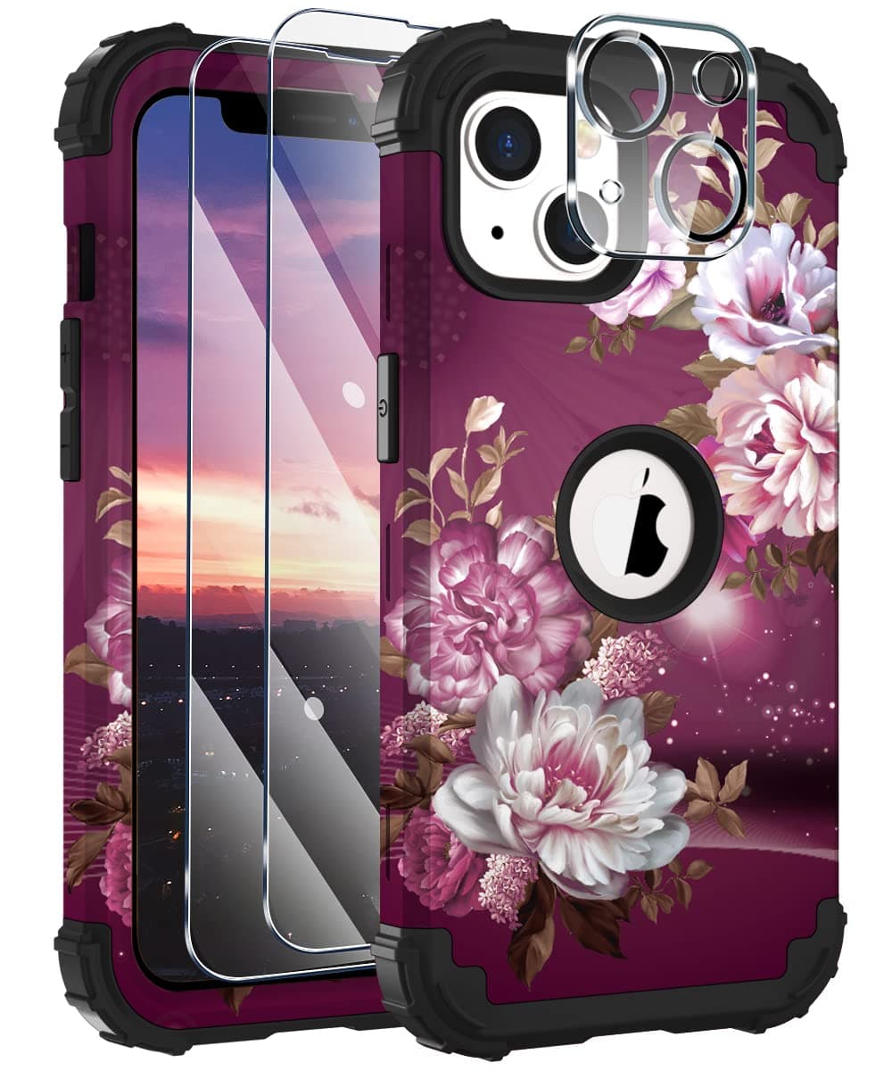 Hocasefor iPhone 13 Case, with 2pcs Screen Protectors and 1pc Camera Protector, Shockproof Heavy Duty Soft Silicone+Hard PC Hybrid Protective Case for iPhone 13 (6.1") 2021 - Royal Purple Flowers