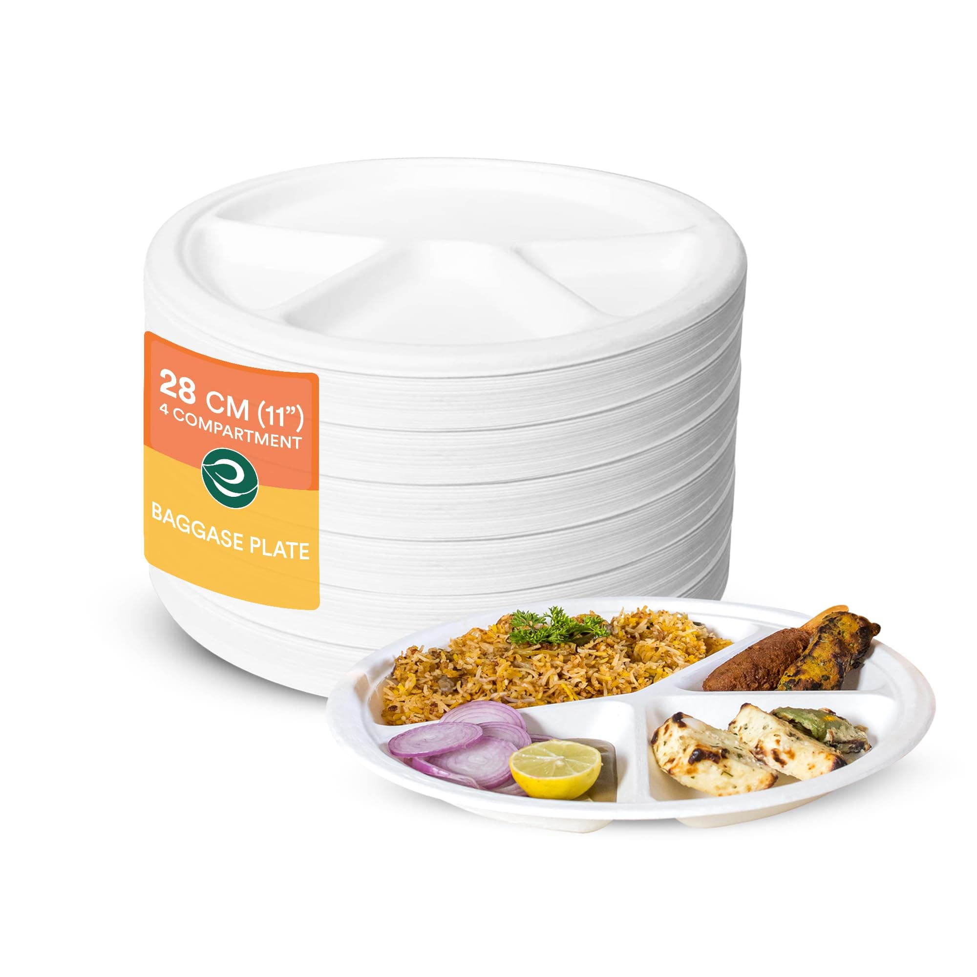 ECO SOUL [11 inch, 100 Pack, 4-Compartment Disposable Bagasse Plates | Eco-Friendly Holi Party, Biodegradable, Sugarcane Paper Plates | for Serving Dinner | Birthday, Wedding | Round, White (28 cm)