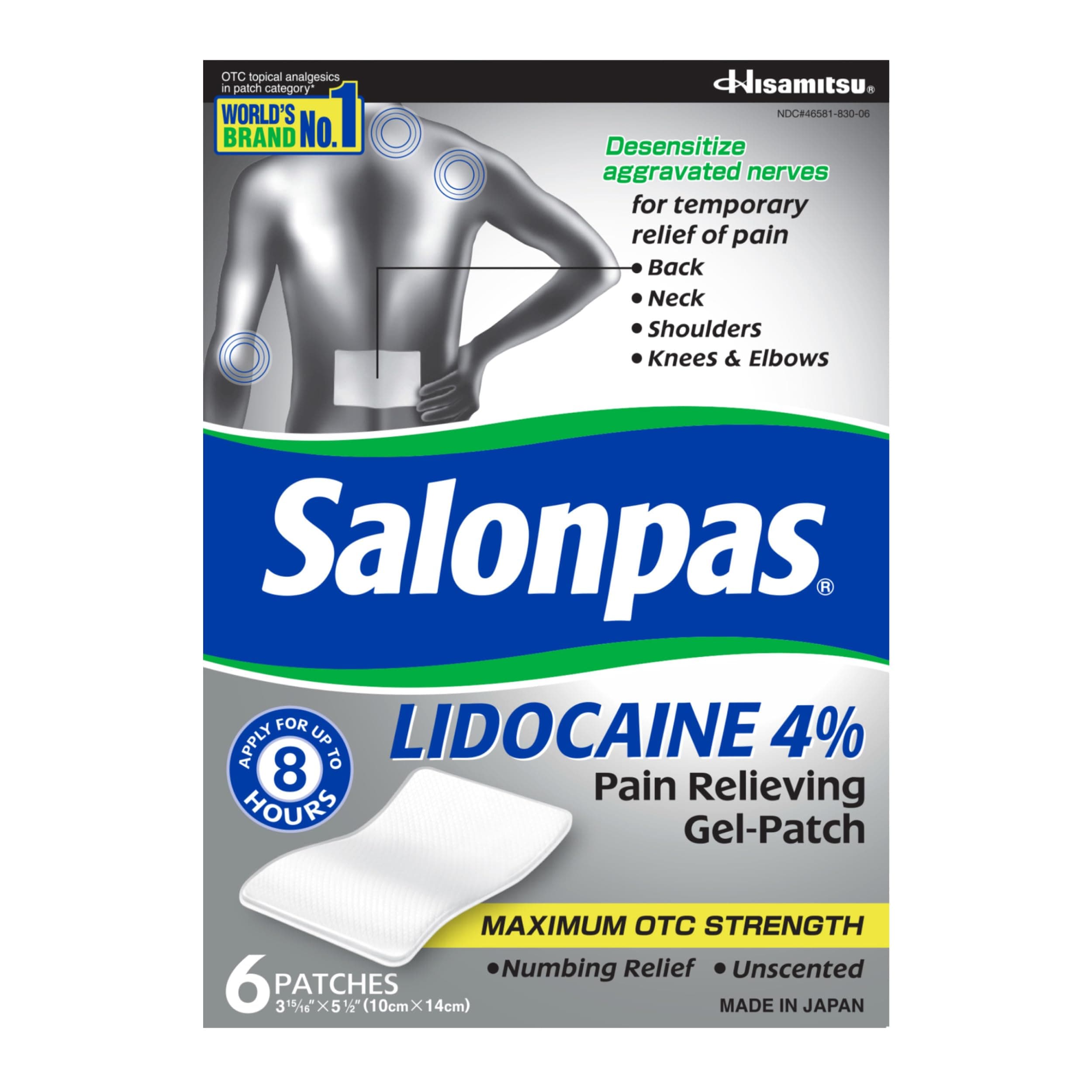 Salonpas Lidocaine 4% Pain Relieving Gel-Patch, 6 Count, for Back, Neck, Shoulder, Knee & Elbow Pain