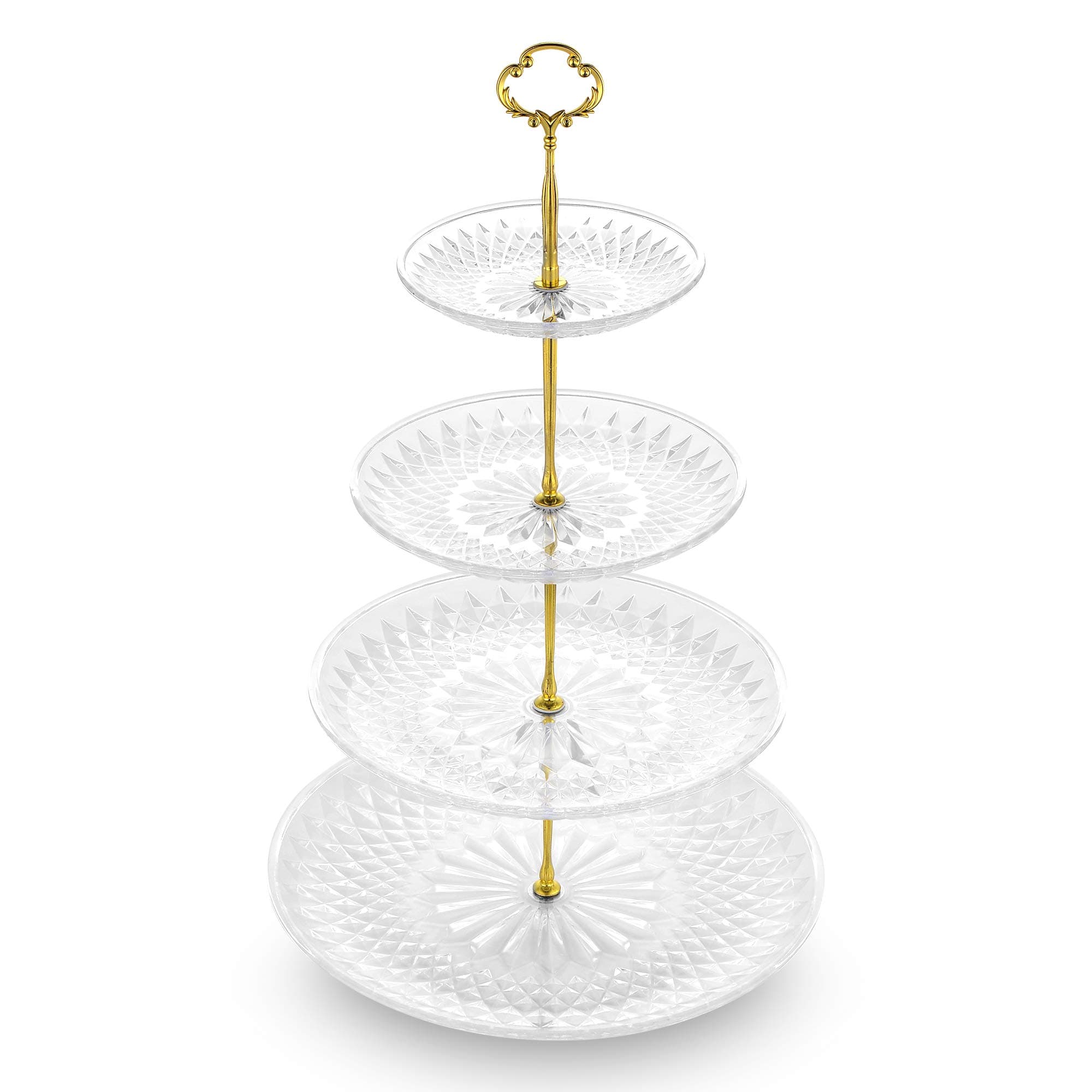 NWK 3/4-Tier Cupcake Stand with Crystal-Clear Plastic Plates and Metal Struts Dessert Stable Tower Display Rack Serving Tray for Wedding Birthday Bridal Shower Autumn NYE Tea Party (Gold)