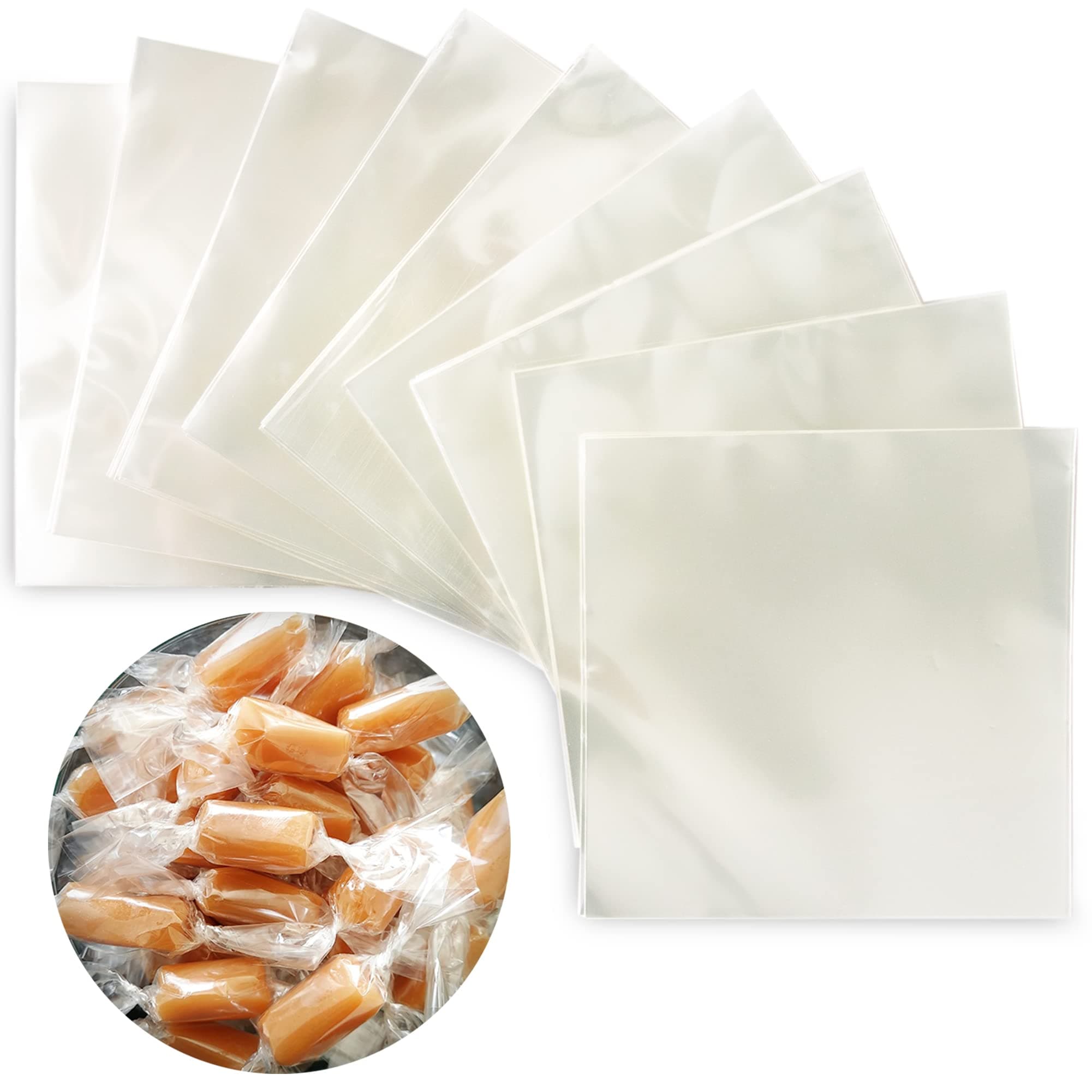 Clear Candy Wrappers for Caramels (600 Pcs 5 x 5 inches) - Natural Clear Cellophane Wrapper - Candy Wrapping Paper for Caramel, Chocolate, Nougat, and Lollipops